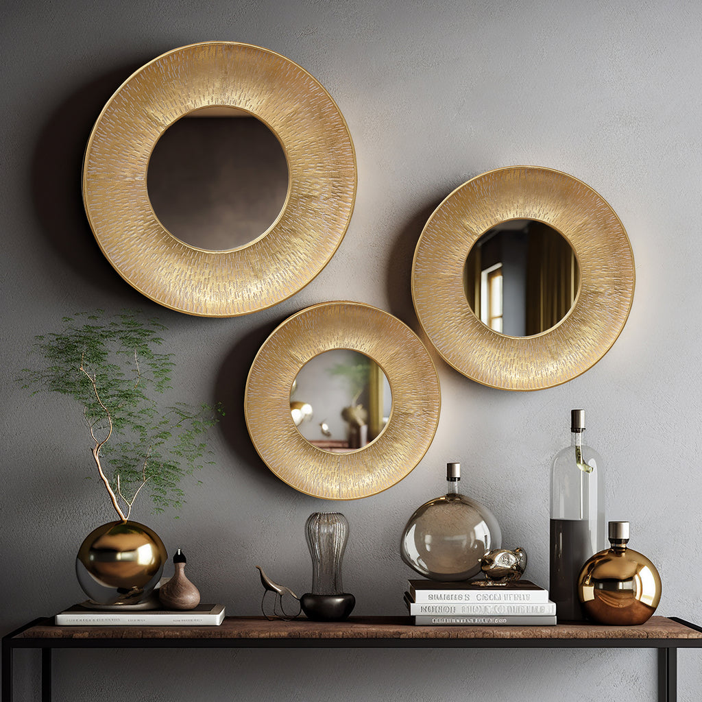 3-Piece Gold Metal Round Wall Mirror Set