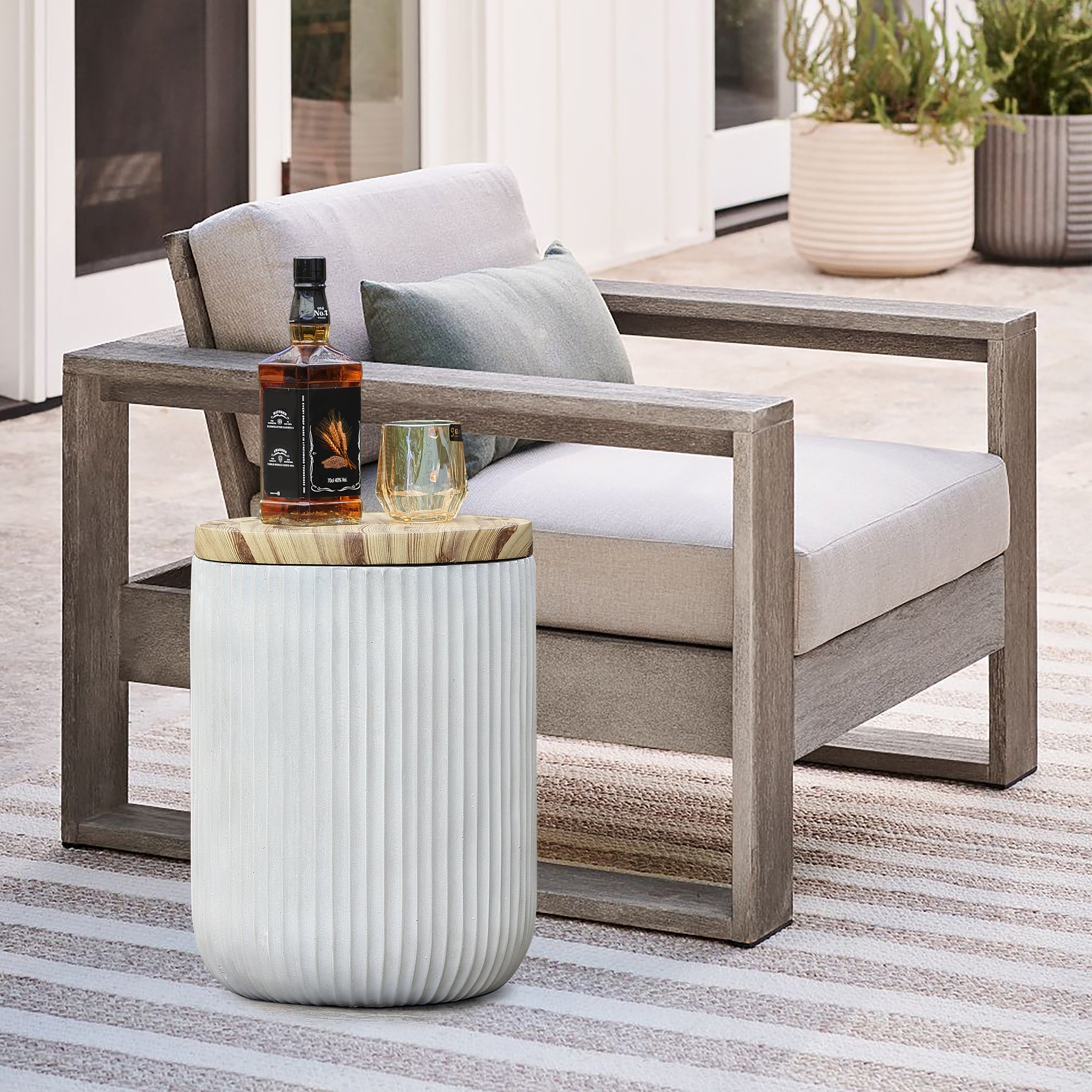 Gray Cement and Faux Wood Top Indoor Outdoor Side and End Table with Storage