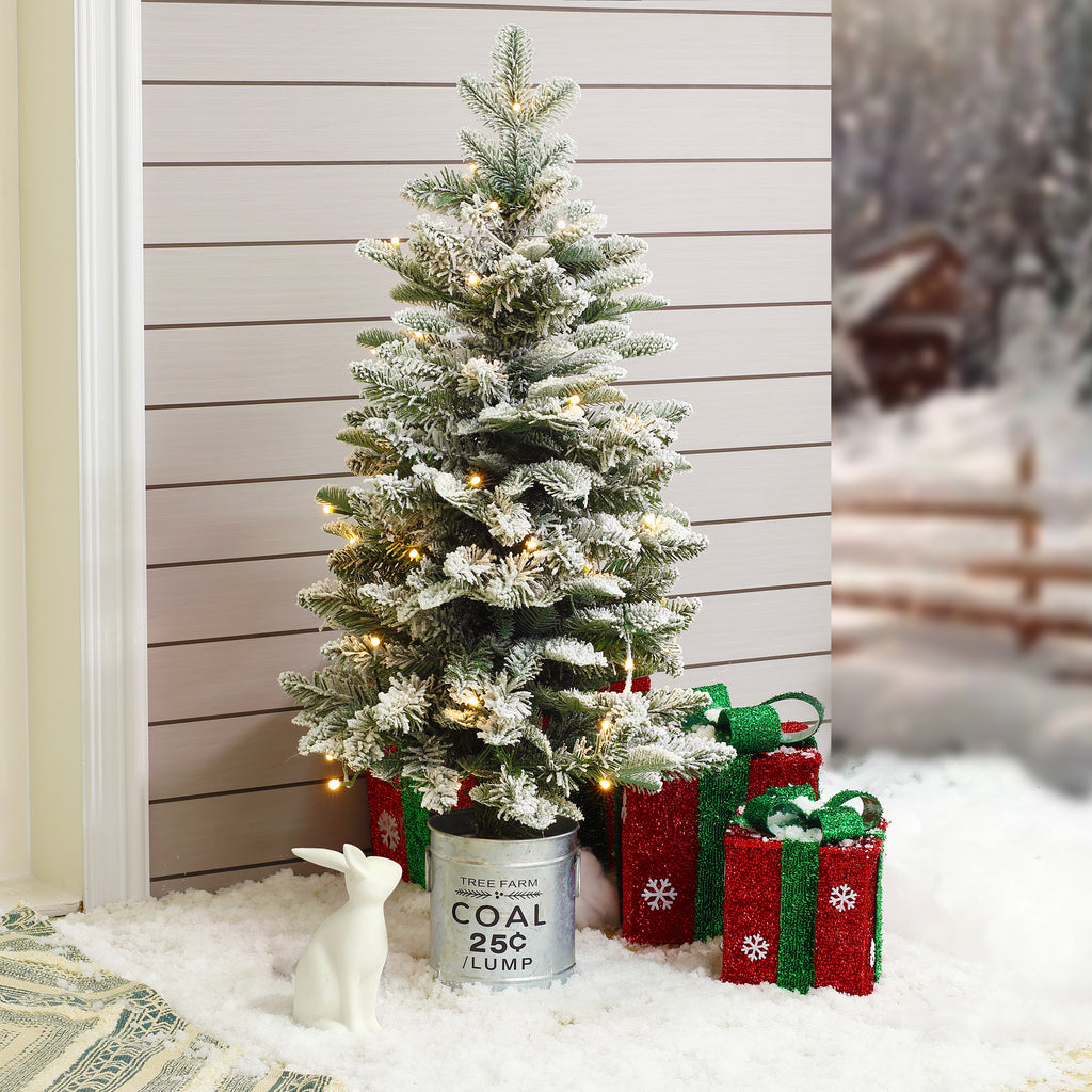 3Ft Artificial Flocked Fir Christmas Tree Potted with Battery-Operated Lights