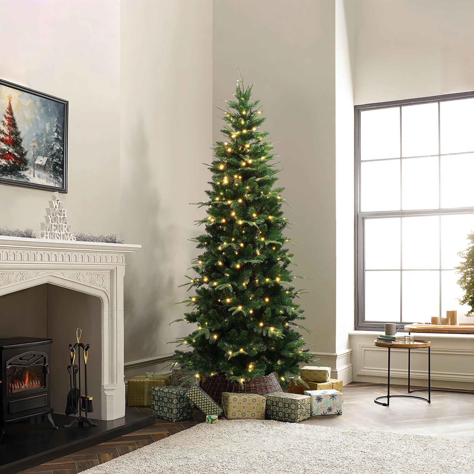 6Ft Pre-Lit Green Slim Artificial Christmas Tree with 8 Light Functions