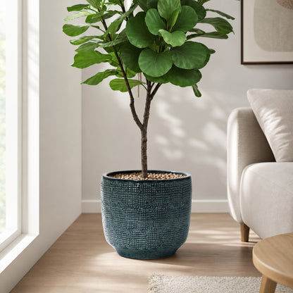Weave Textured Ceramic Round Planter, Coastal Gray, 14"