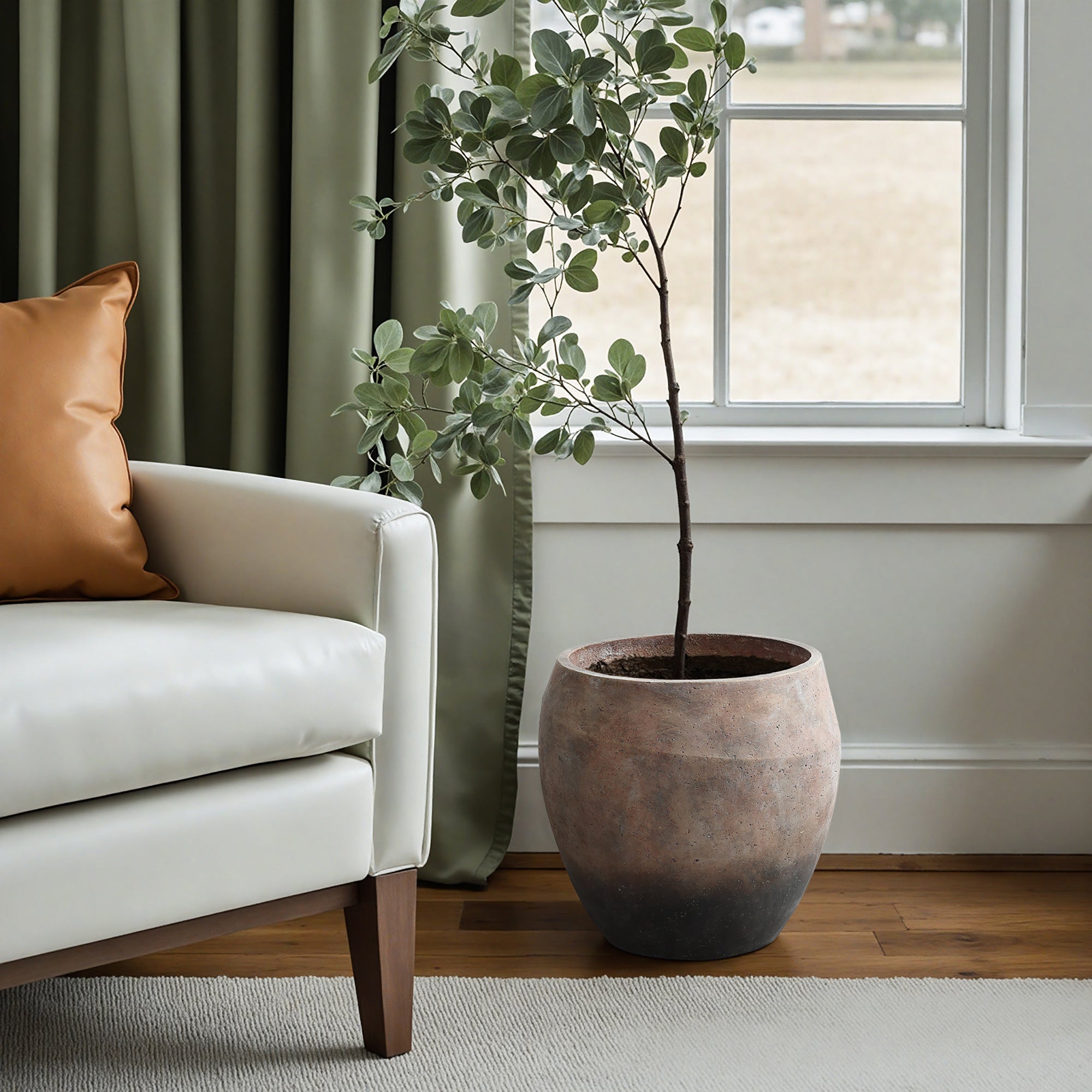 Vintage Antiqued Brown with Charcoal Base 13.8-Inch Tall Round Cement Planter