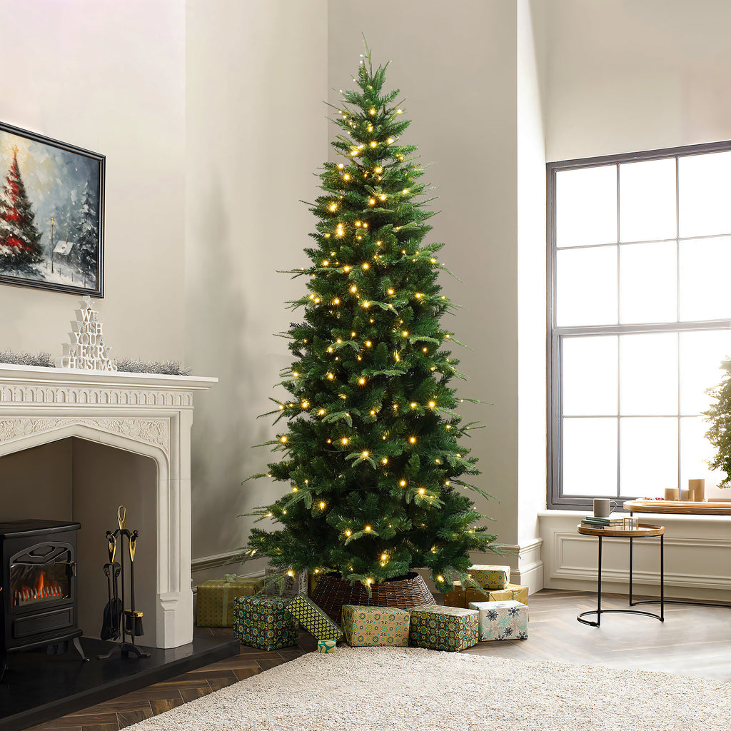 7Ft Pre-Lit Green Slim Artificial Christmas Tree with 8 Light Functions