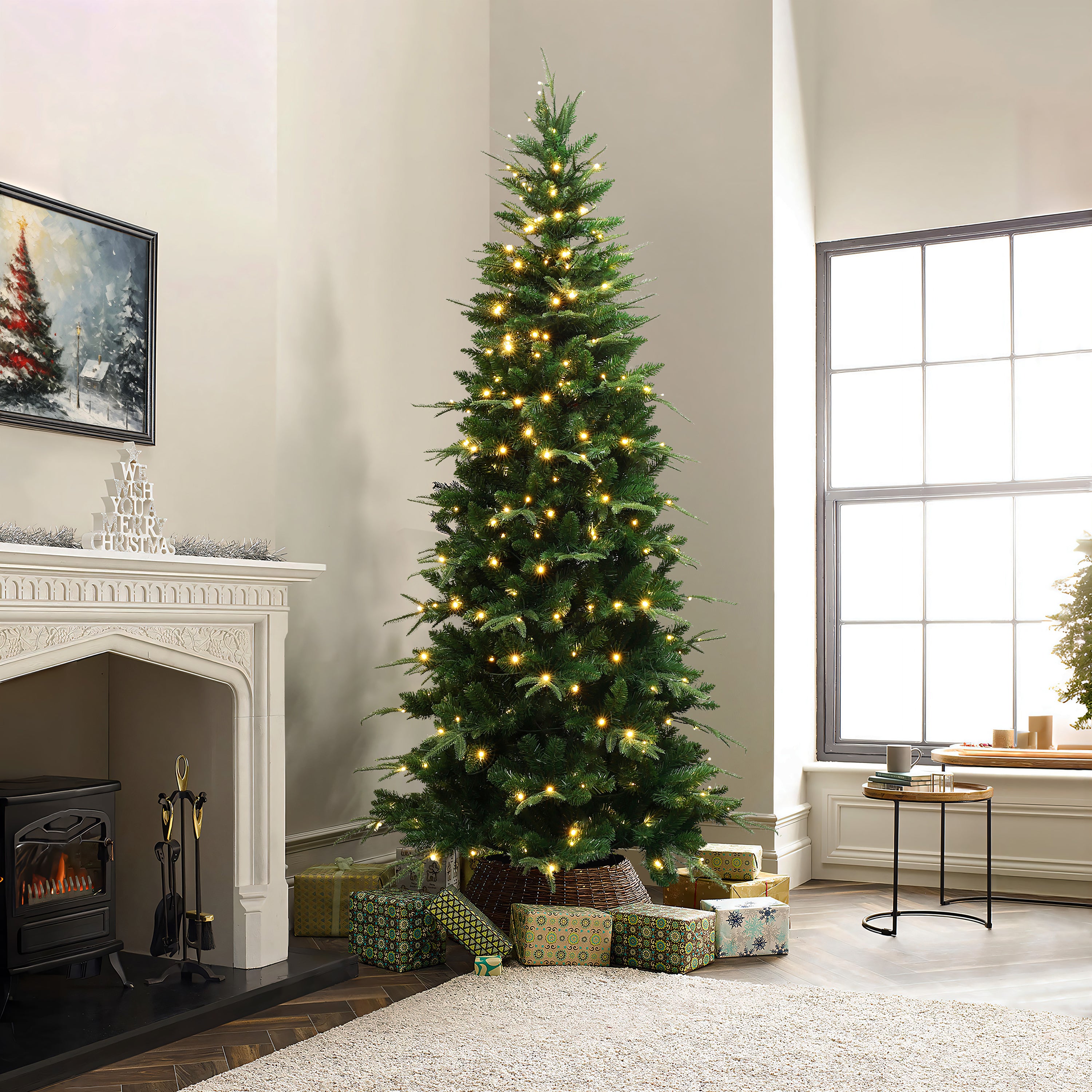 7Ft Pre-Lit Green Slim Artificial Christmas Tree with 8 Light Functions