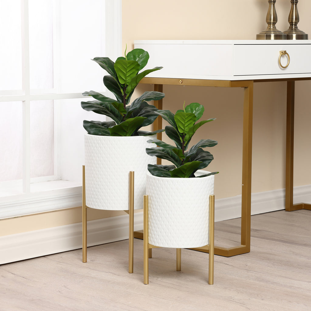 2-Piece Diamond Pattern Round Metal Cachepot Planter Set, White with Gold Stands