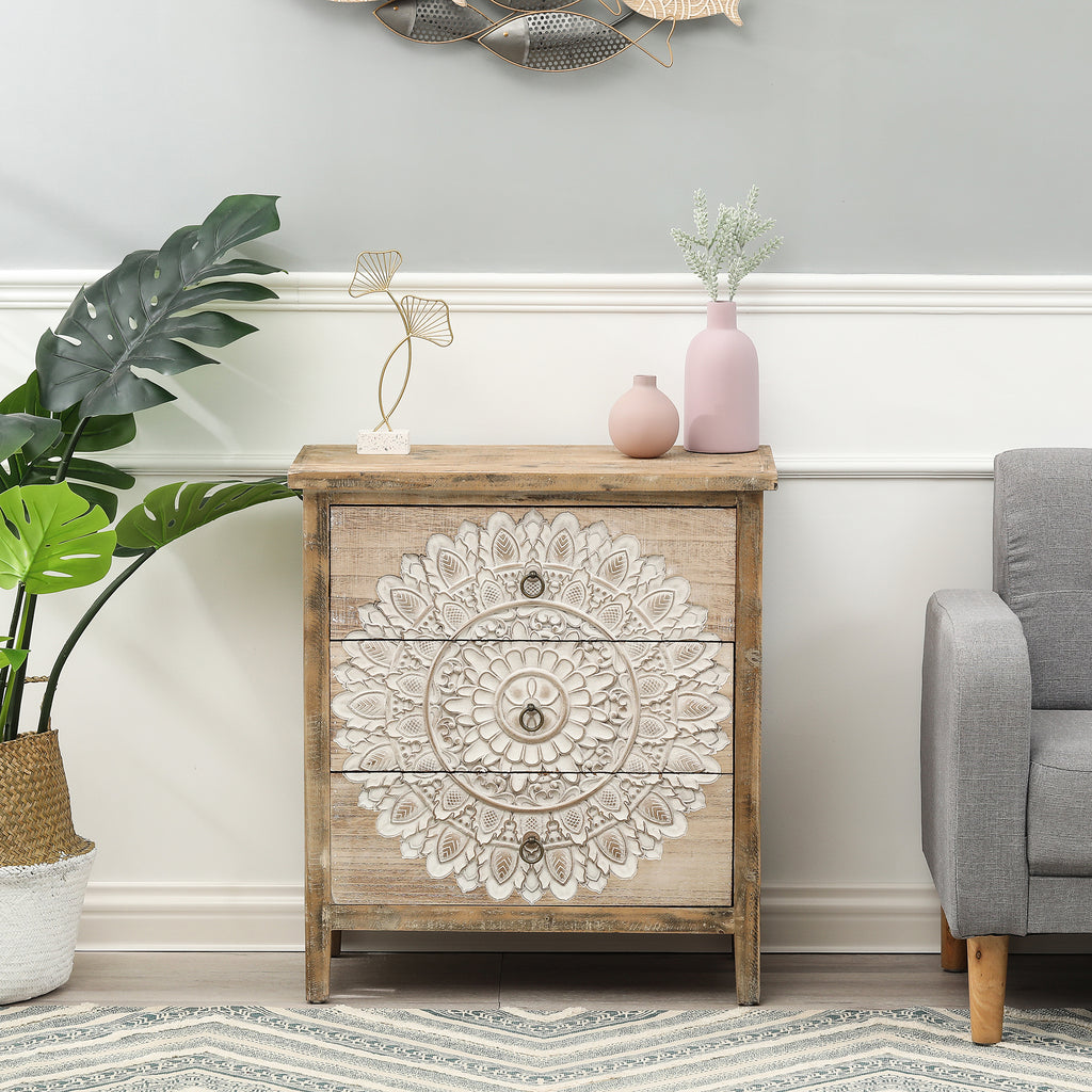 3-Drawer 28.2" H x 25.2" W Natural Wood White Floral Accent Chest