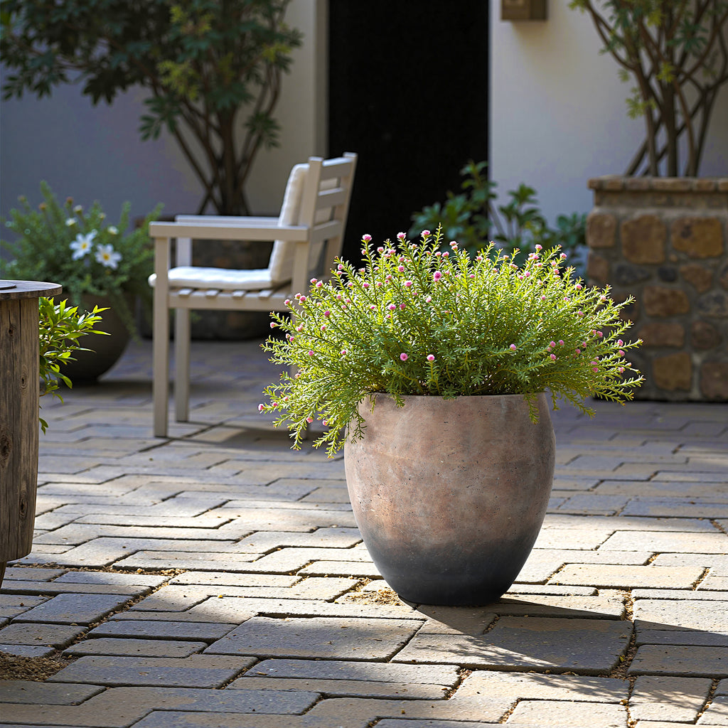 Vintage Antiqued Brown with Charcoal Base 13.8-Inch Tall Round Cement Planter