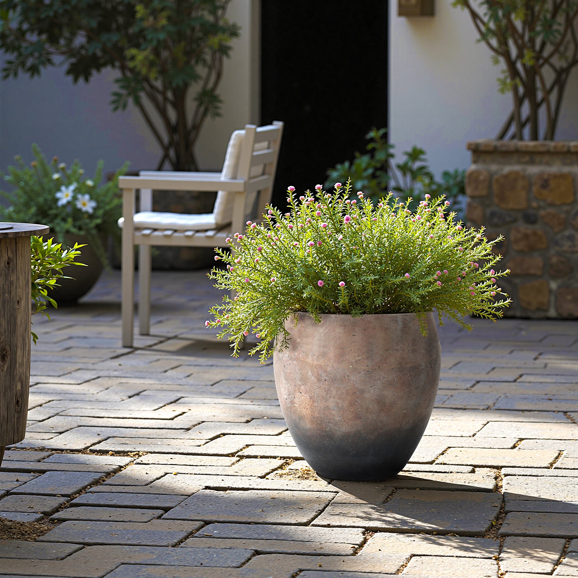 Vintage Antiqued Brown with Charcoal Base 13.8-Inch Tall Round Cement Planter