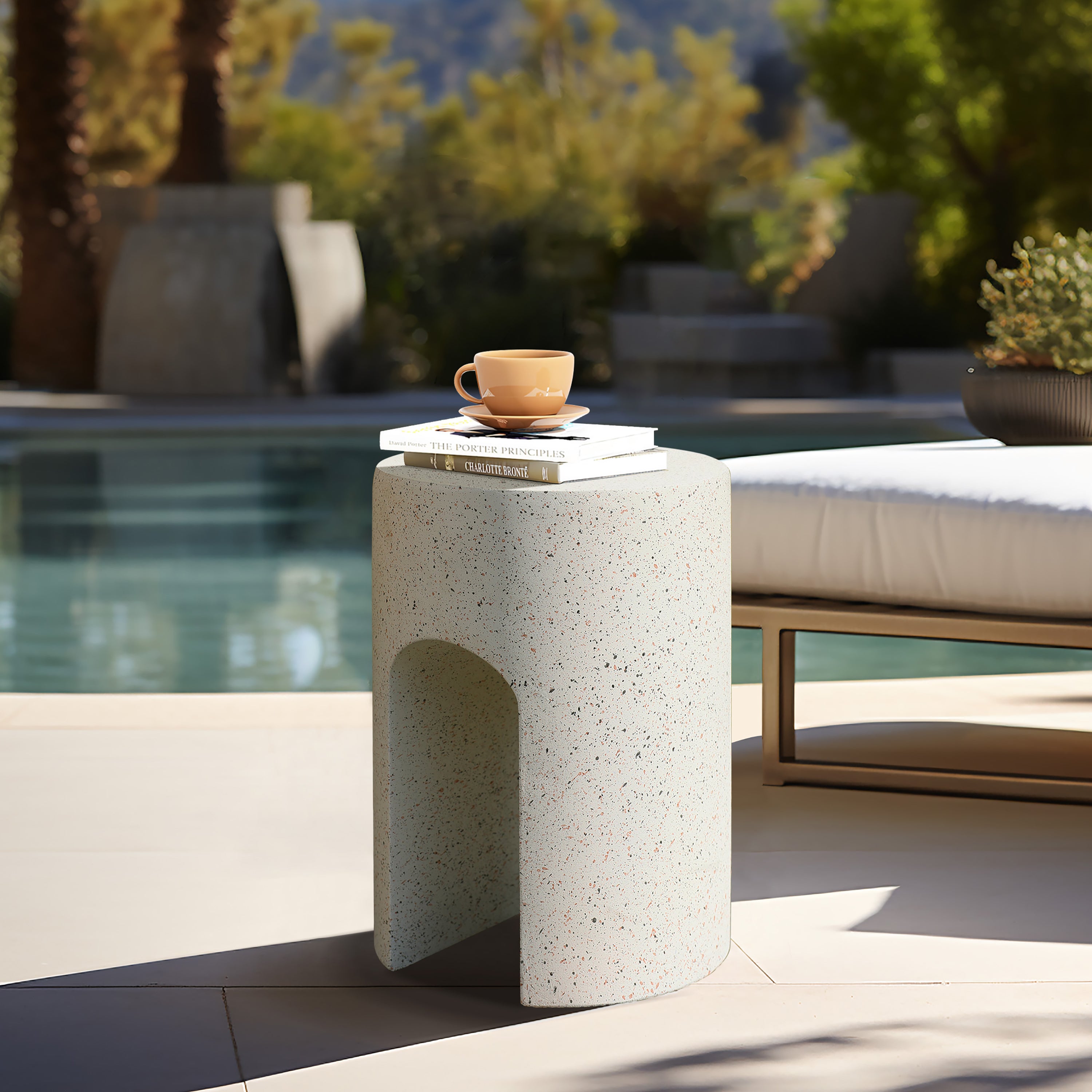 Mod Ivory White Cement Round with U-Shape Outdoor Side Table