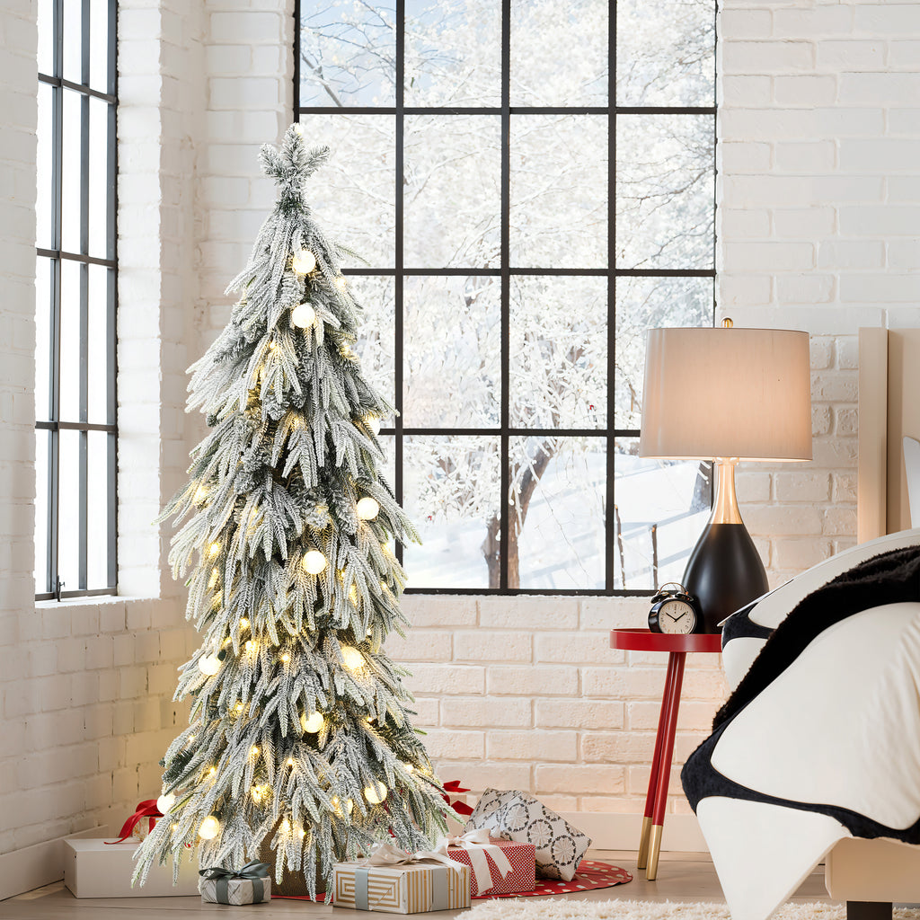 4.5Ft Pre-Lit Snow Flocked Slender Fir Artificial Christmas Tree