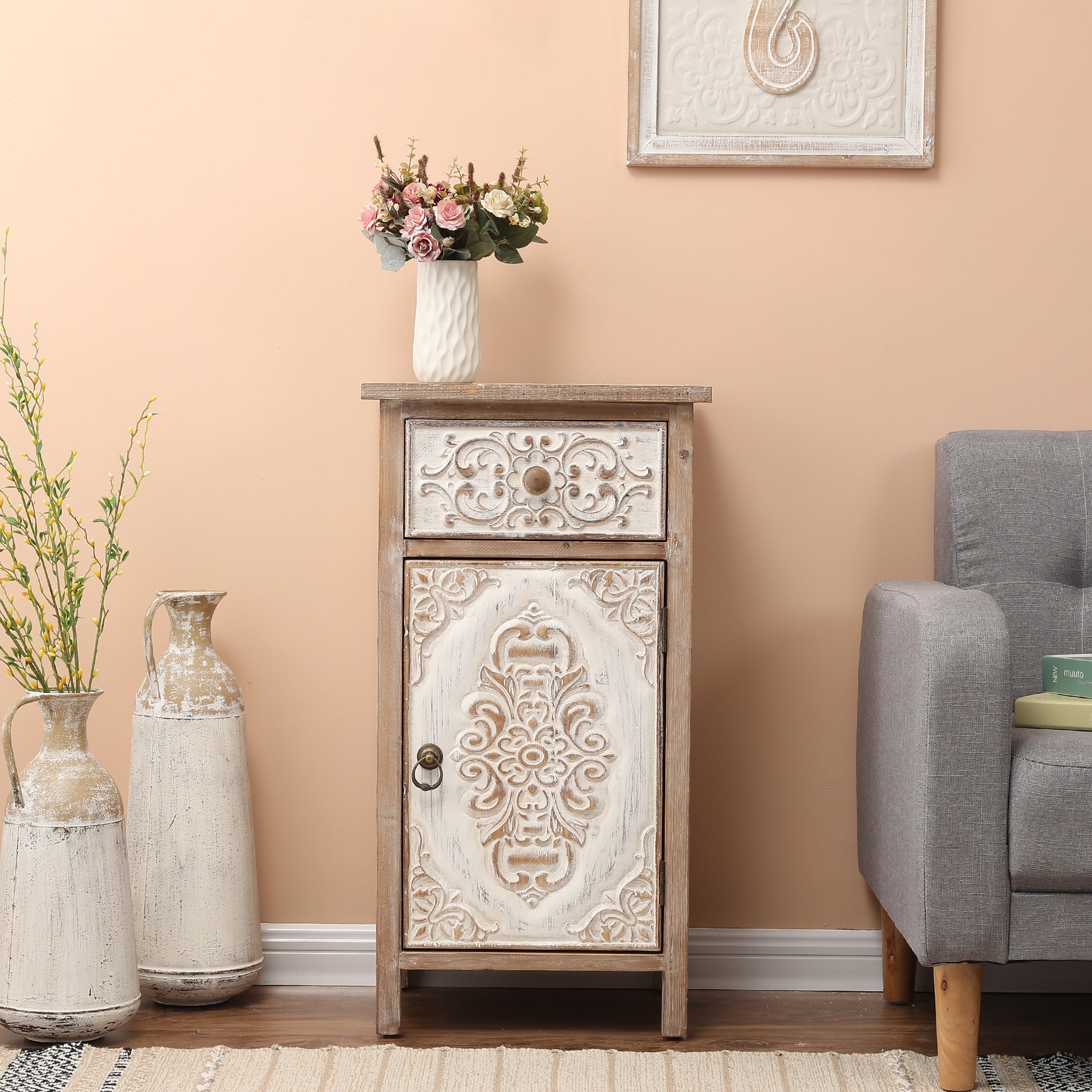 Floral Carved Wood 1-Door 1-Drawer End Table with Storage