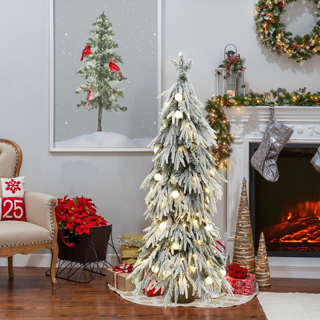 4.5Ft Pre-Lit Snow Flocked Slender Fir Artificial Christmas Tree