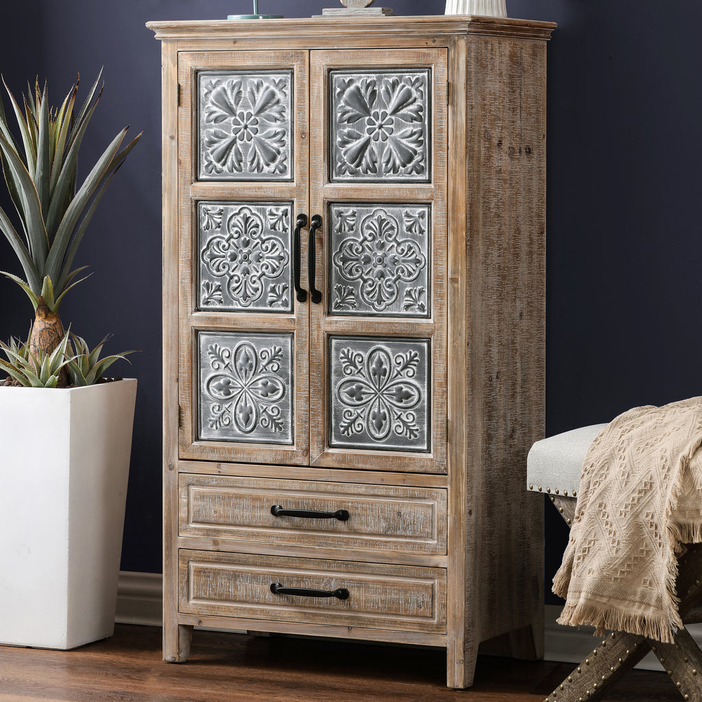 Farmhouse Wood and Metal 2-Drawer 2-Door Storage Cabinet