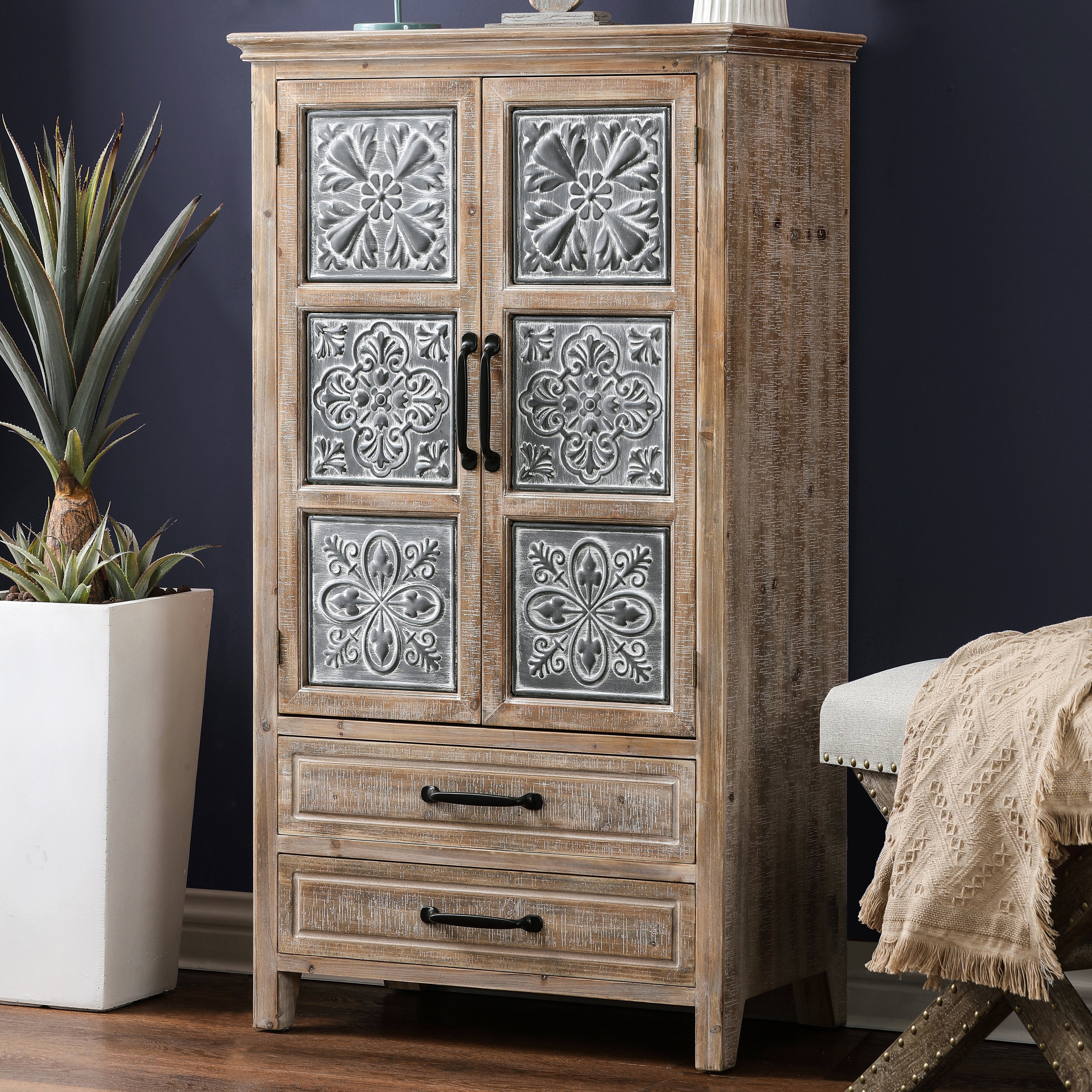 Farmhouse Wood and Metal 2-Drawer 2-Door Storage Cabinet