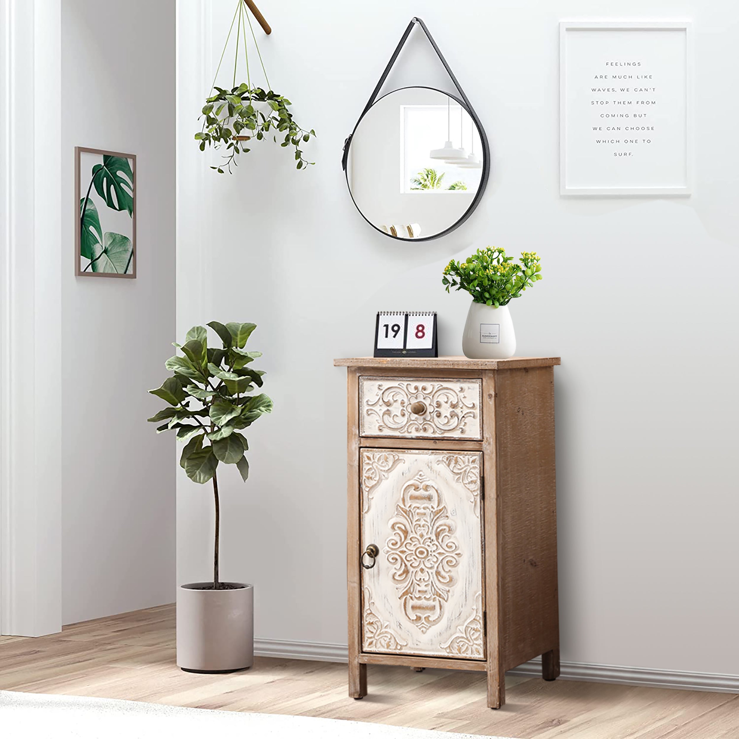 Floral Carved Wood 1-Door 1-Drawer End Table with Storage