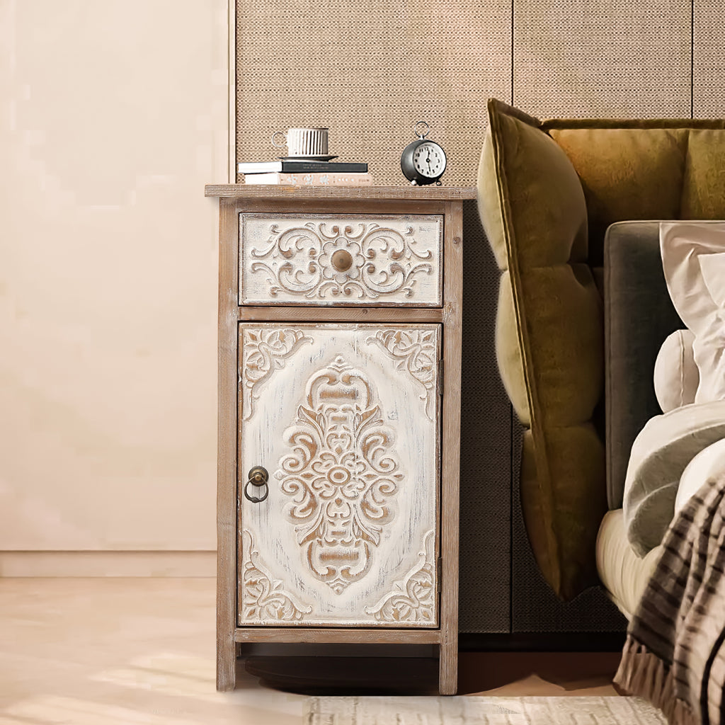 Floral Carved Wood 1-Door 1-Drawer End Table with Storage