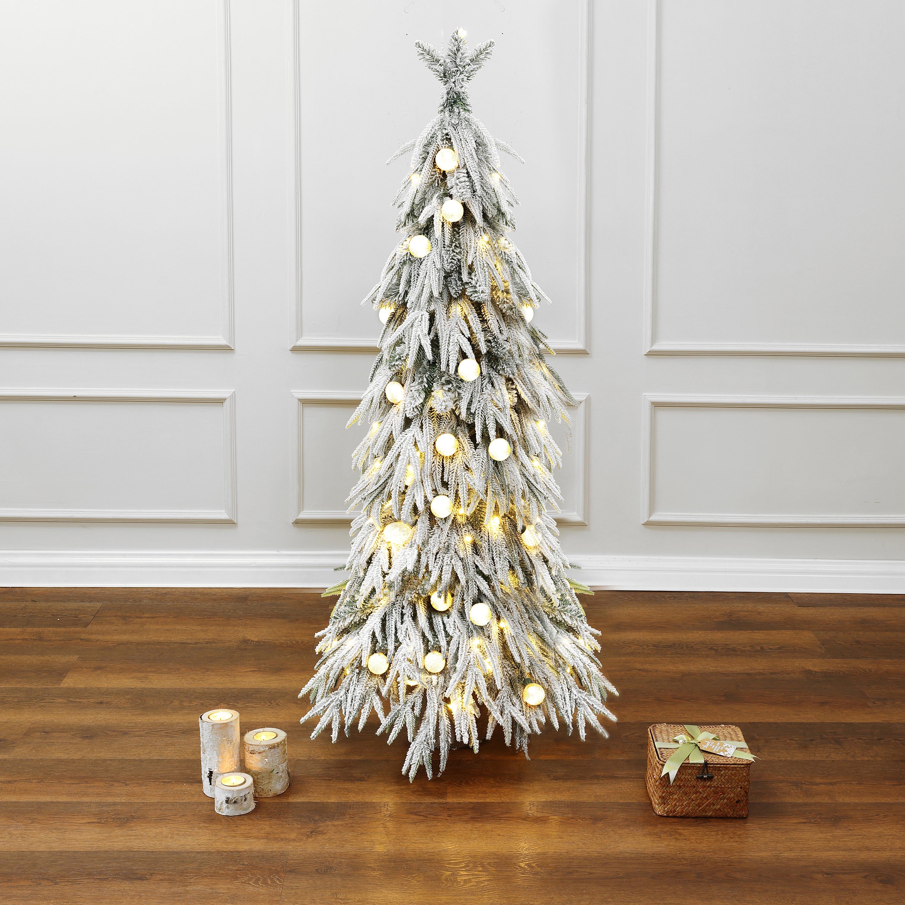 4.5Ft Pre-Lit Snow Flocked Slender Fir Artificial Christmas Tree