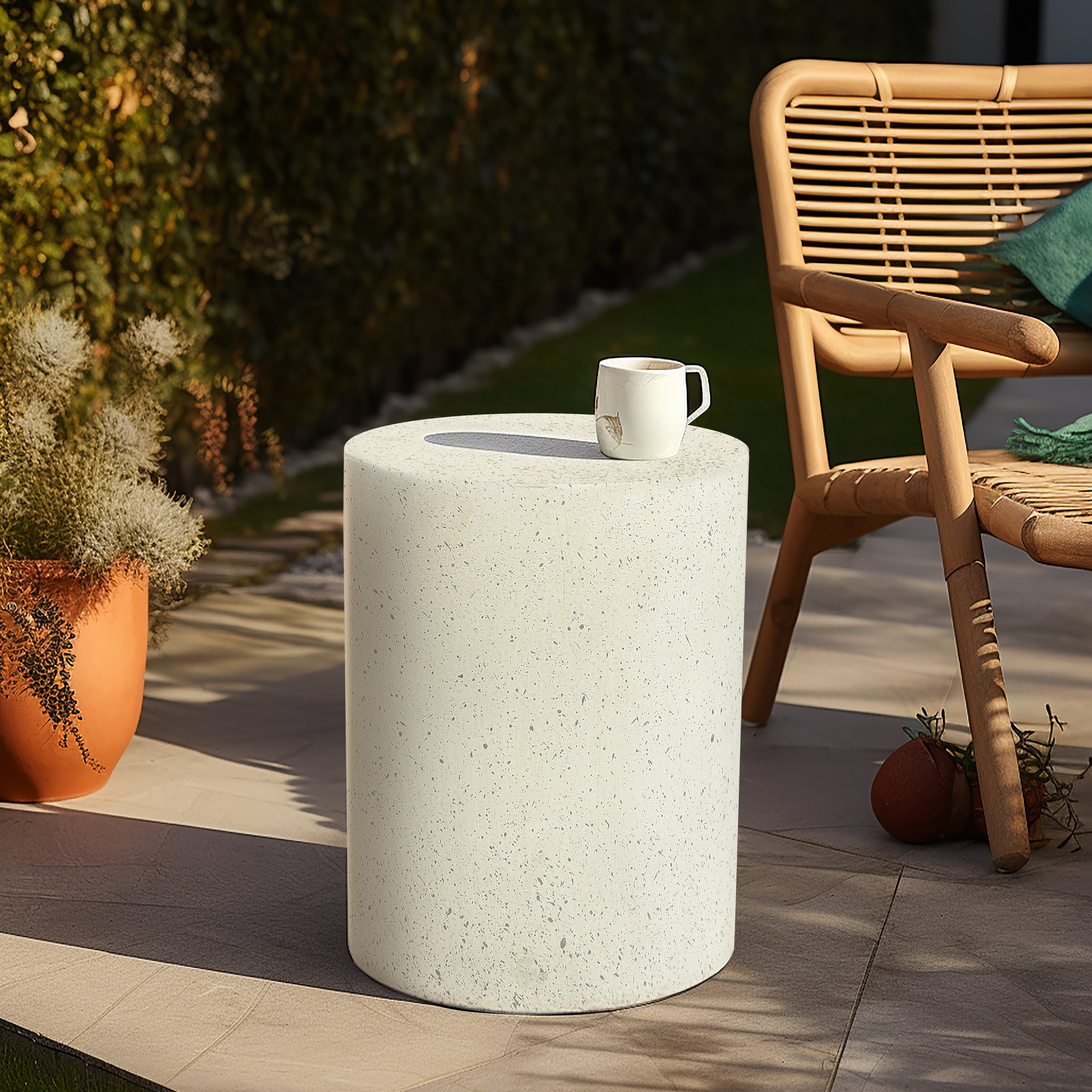 Off White with Speckled Gray Cement Round Indoor Outdoor Side and End Table
