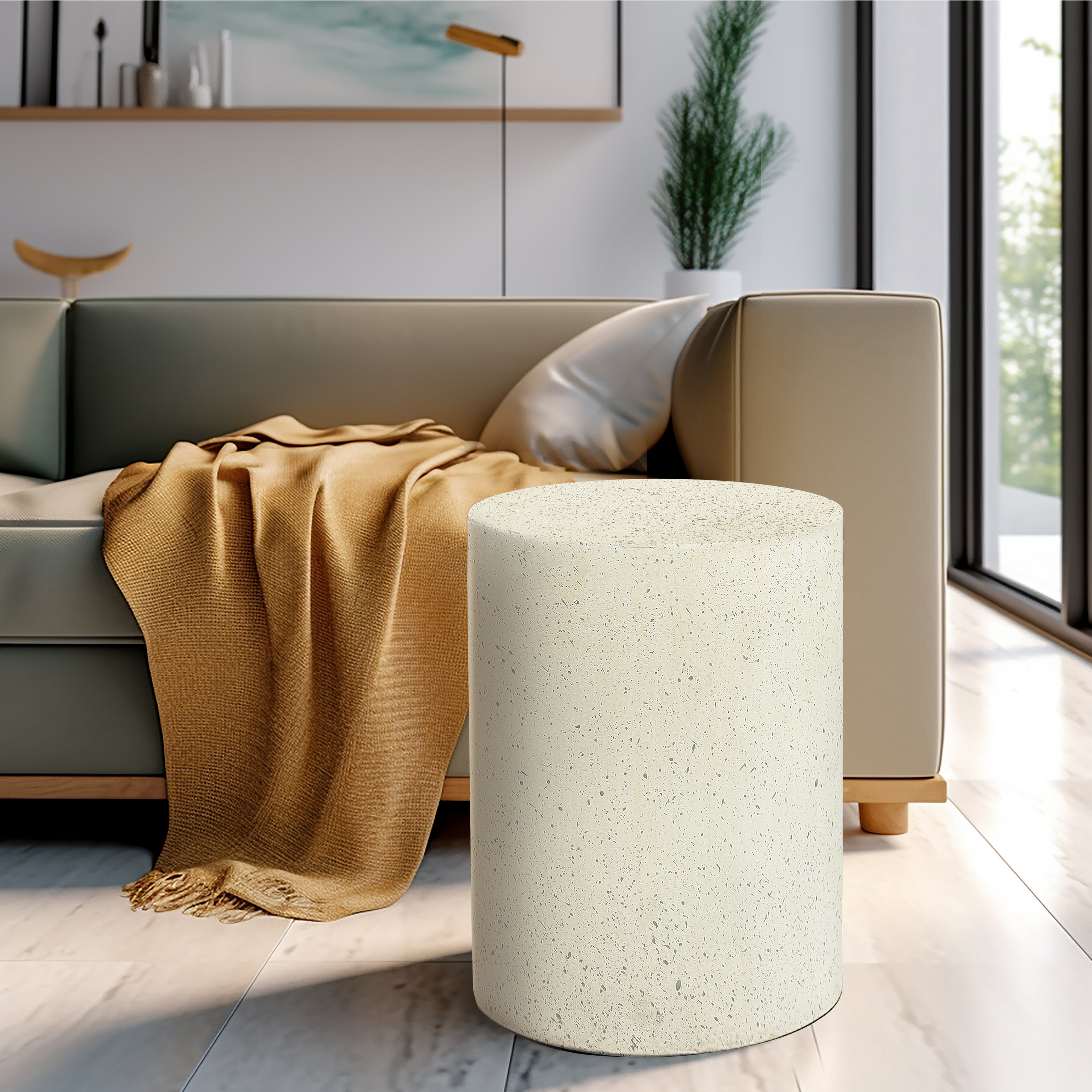 Off White with Speckled Gray Cement Round Indoor Outdoor Side and End Table