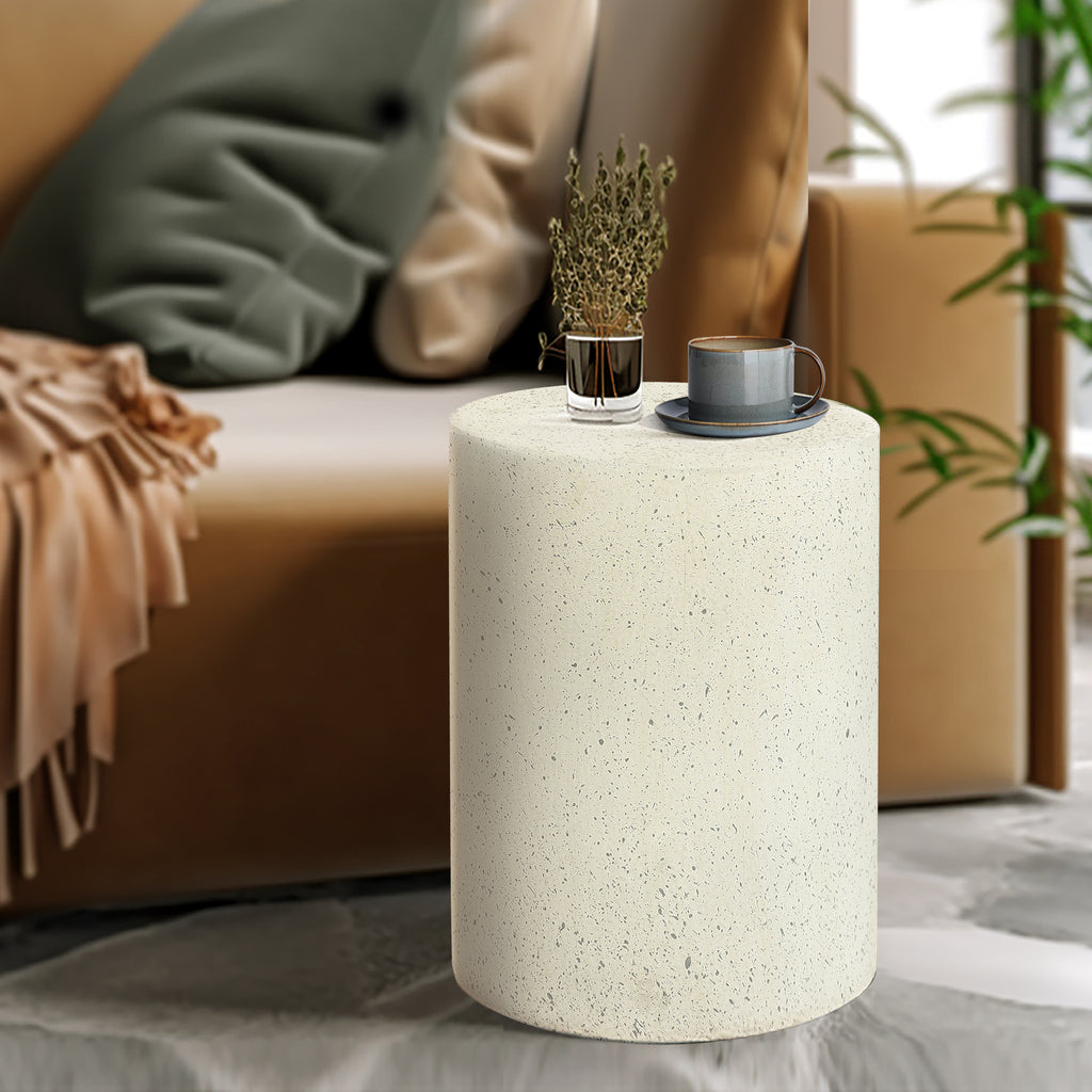 Off White with Speckled Gray Cement Round Indoor Outdoor Side and End Table