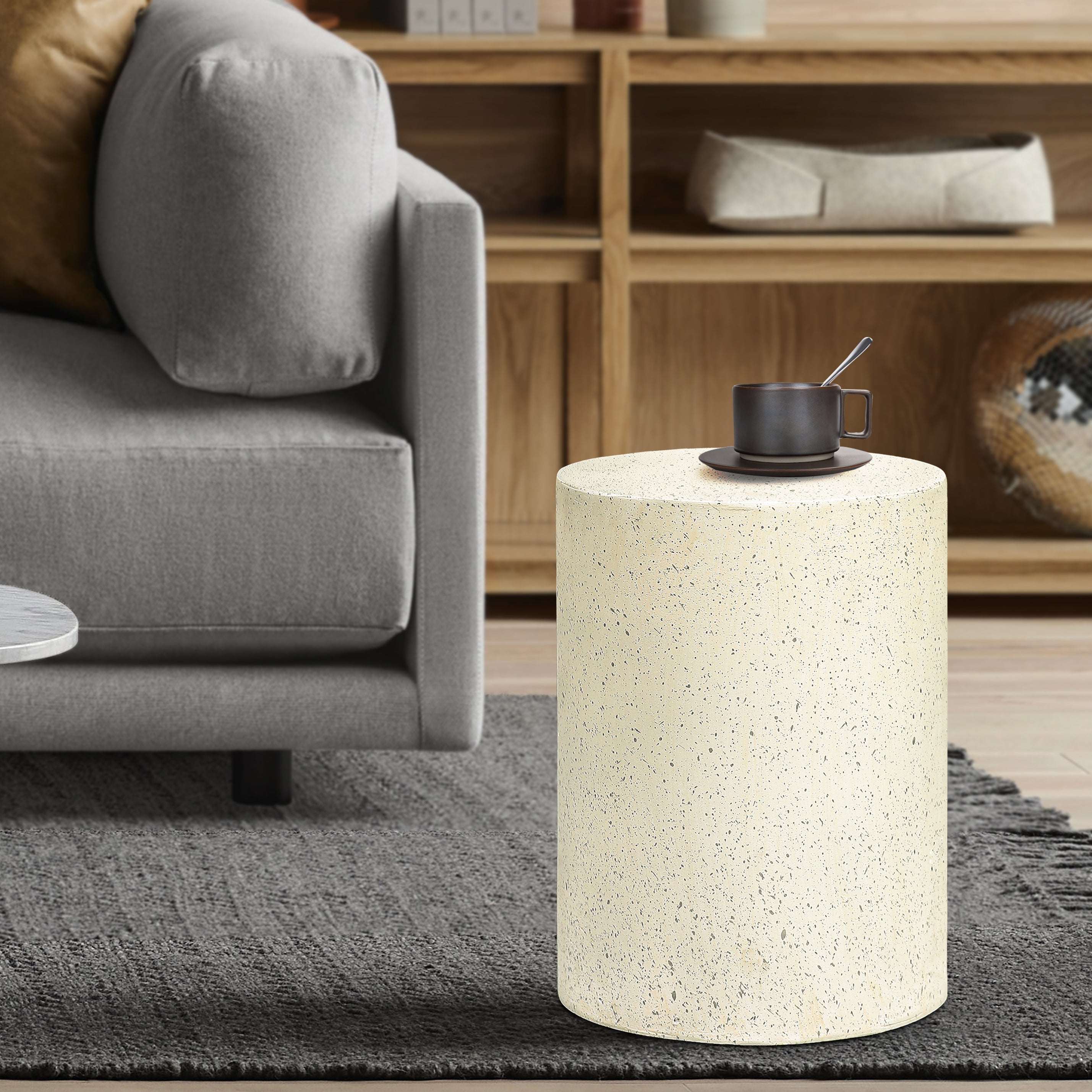 Off White with Speckled Gray Cement Round Indoor Outdoor Side and End Table