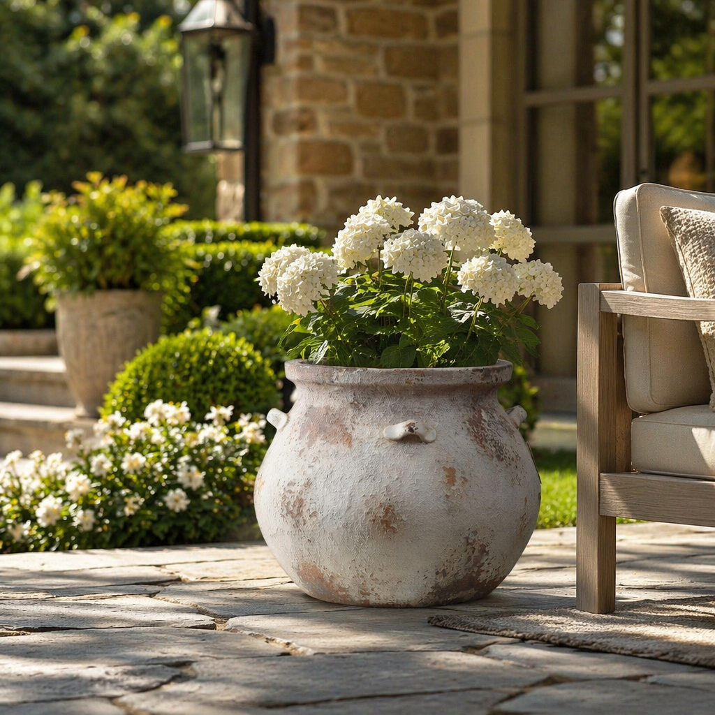 12" Distressed Farmhouse Round Planter Pot, Antique Rustic White
