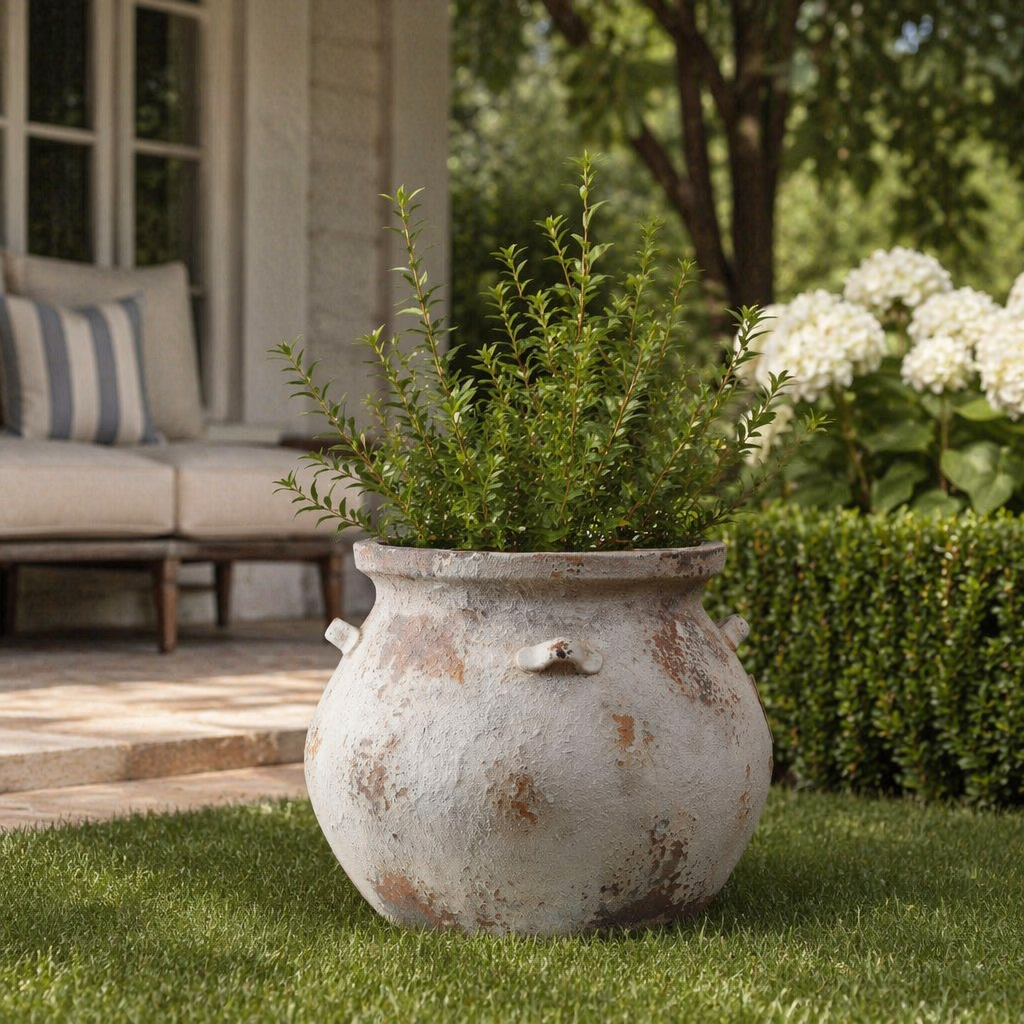 12" Distressed Farmhouse Round Planter Pot, Antique Rustic White