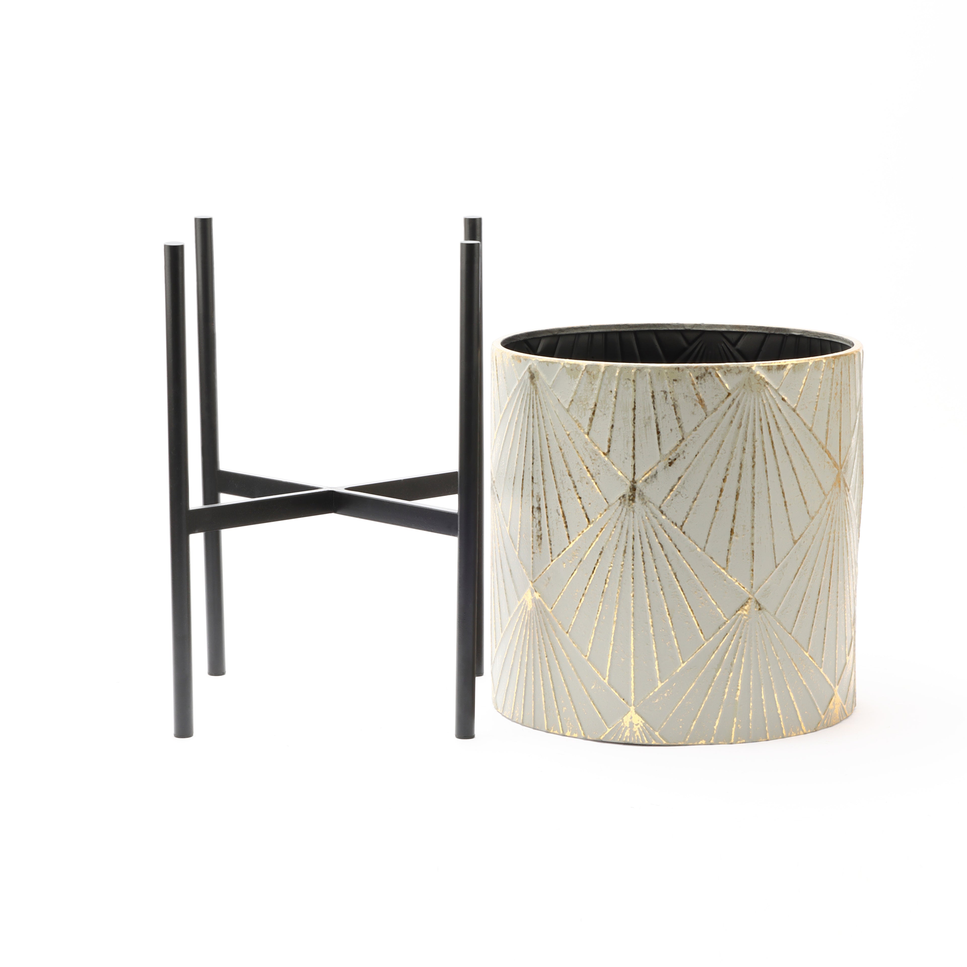 Set of 3 Gray and Gold Metal Cachepot Planters with Black Stand