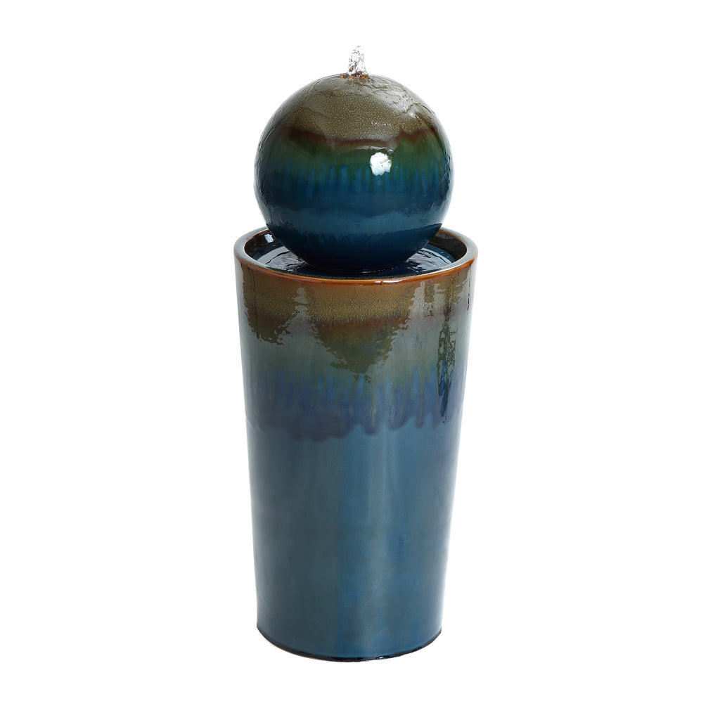 Glazed Blue and Brown Sphere on Pillar Bubbler 30-Inch Tall Ceramic Fountain