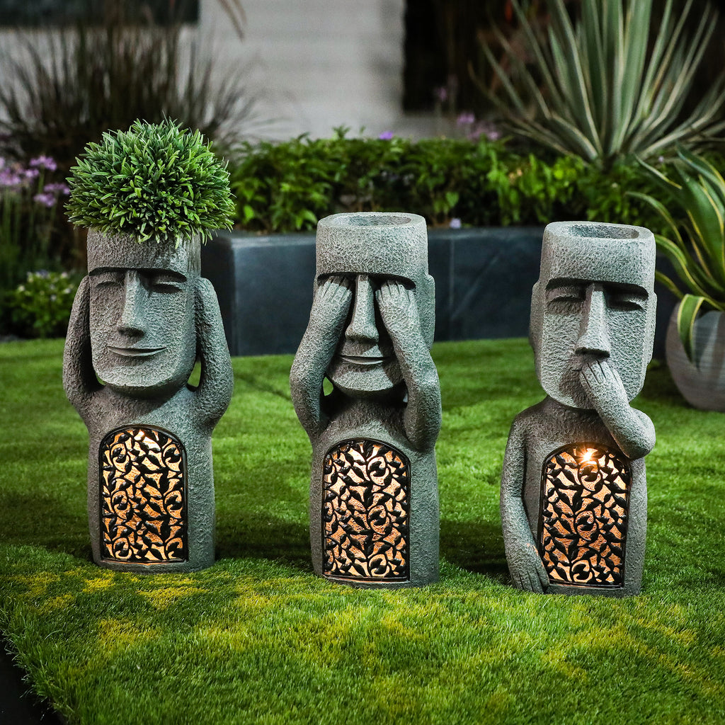 Solar-Powered Easter Island Moai Statue Planter with LED Lights – Outdoor Garden, Patio & Balcony Decor