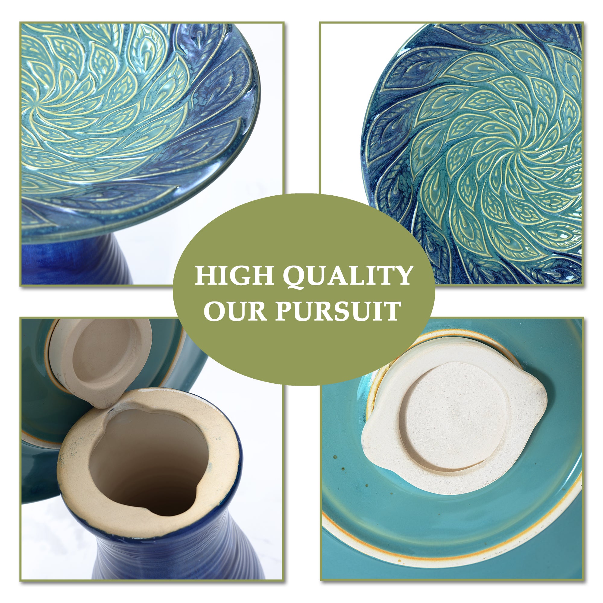Blue Glazed Spiral Ceramic 20-In Tall Birdbath