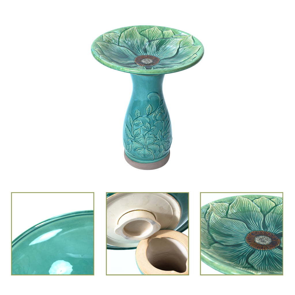 Aqua Glazed Flower Ceramic 22-In Tall Birdbath