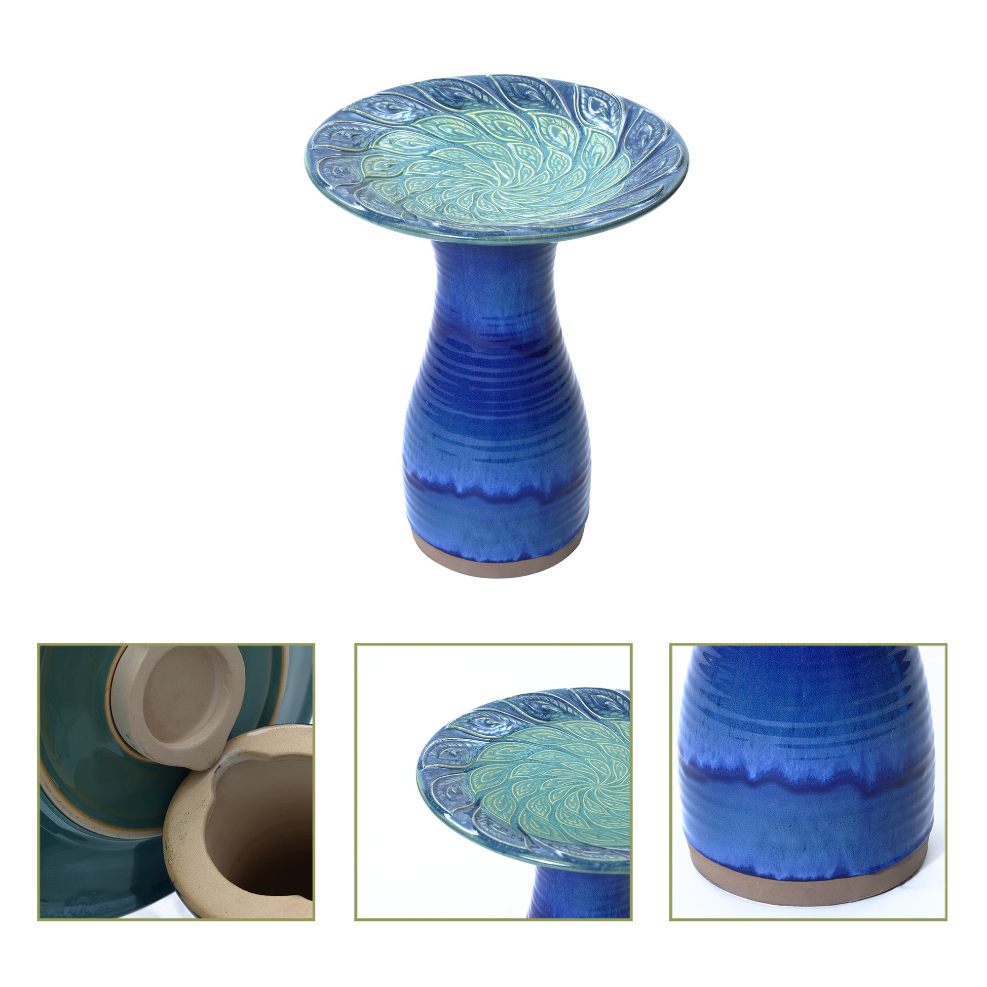 Blue Glazed Spiral Ceramic 20-In Tall Birdbath
