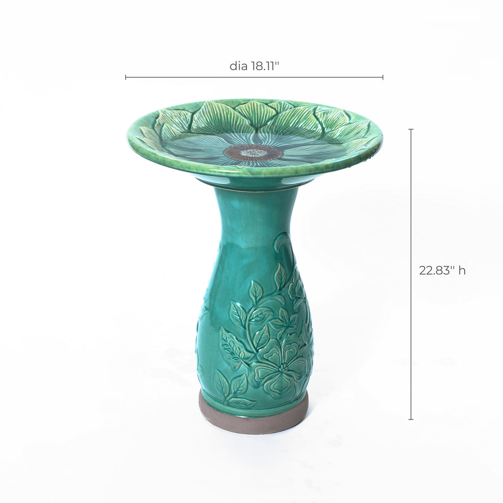 Aqua Glazed Flower Ceramic 22-In Tall Birdbath