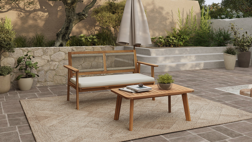 Outdoor Acacia Wood Rope Back Loveseat with Cushions and Coffee Table Set