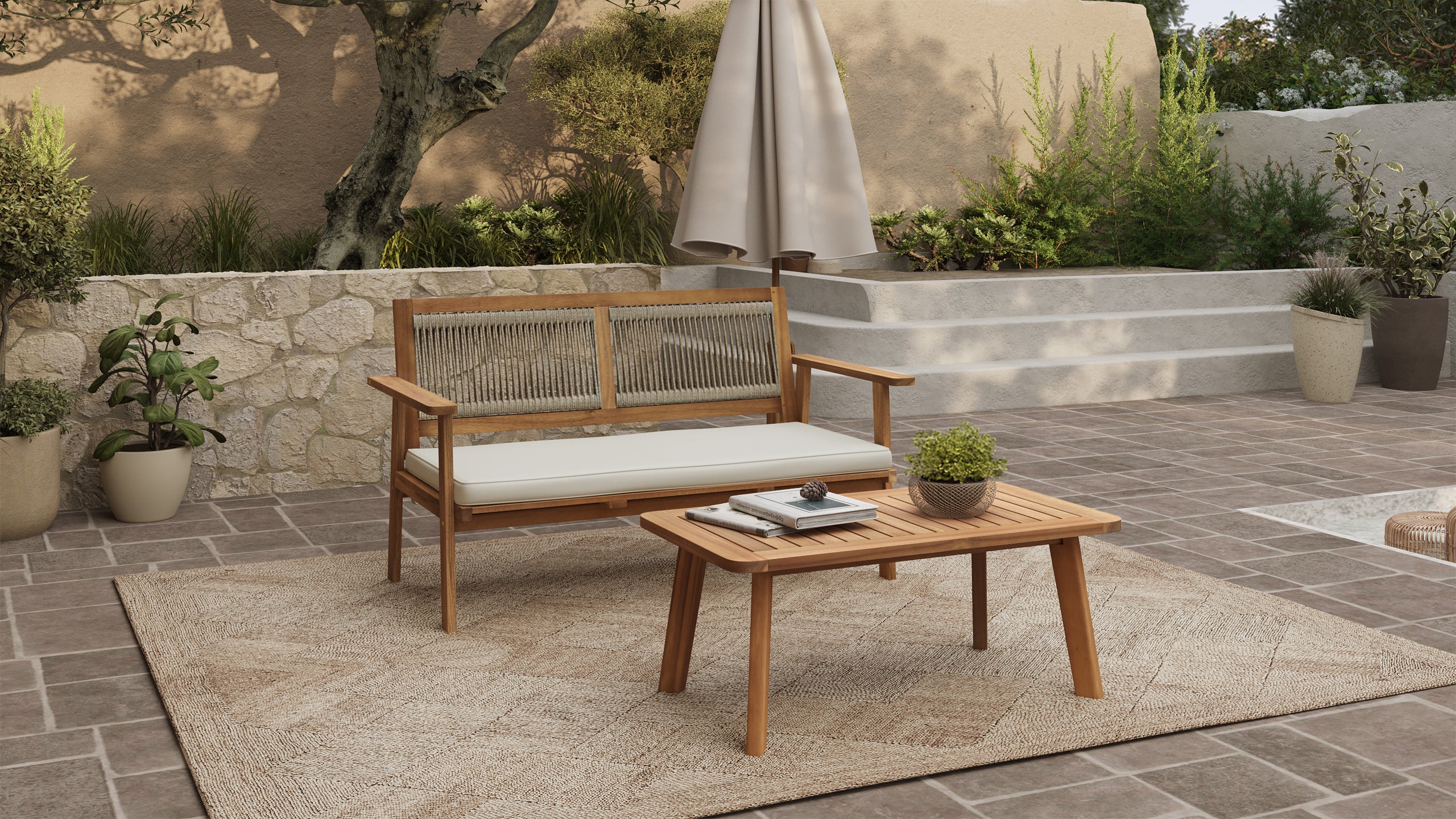 Outdoor Acacia Wood Rope Back Loveseat with Cushions and Coffee Table Set