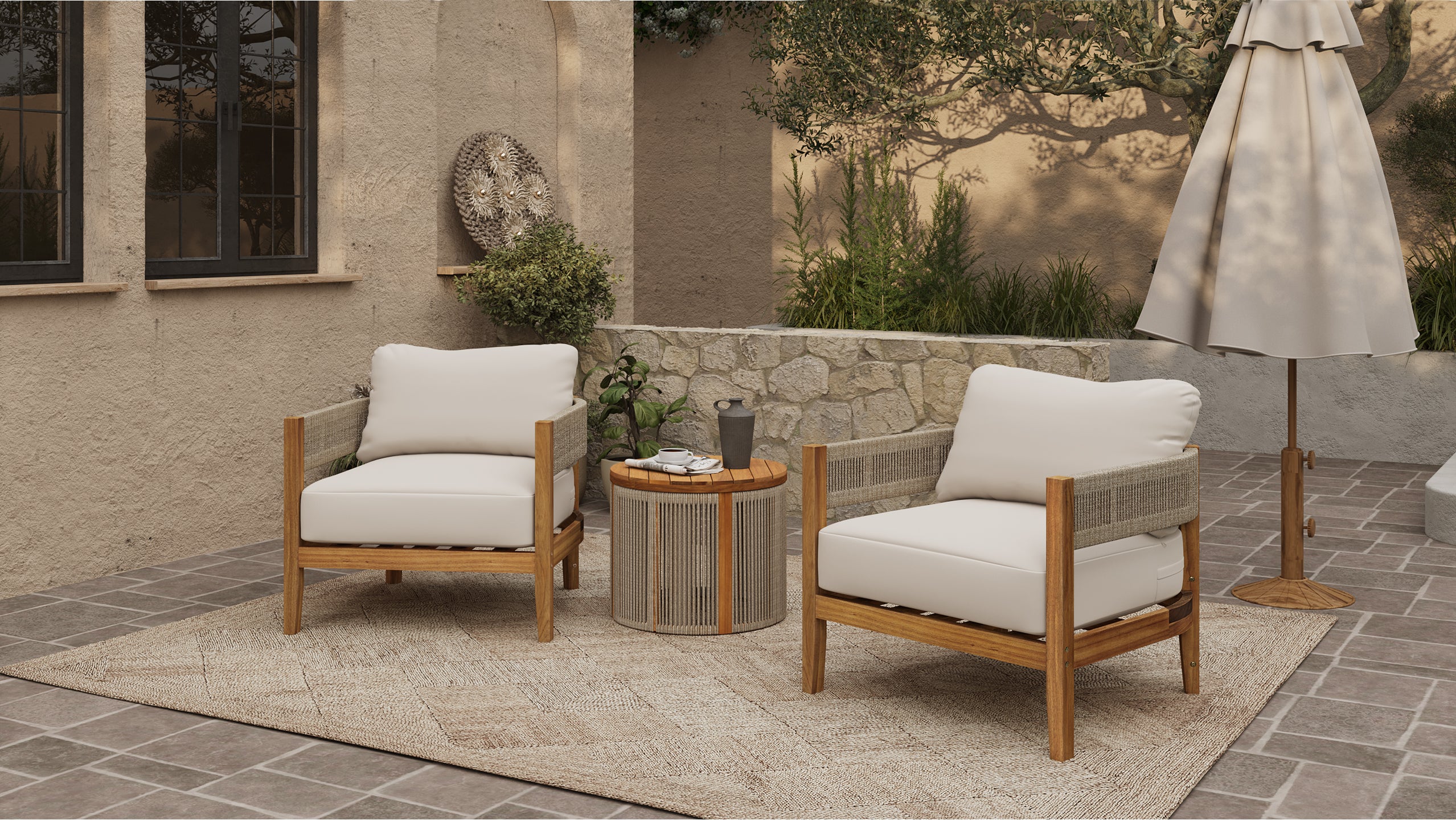 Outdoor Acacia Wood with Rope Sides Club Armchair with Cushions