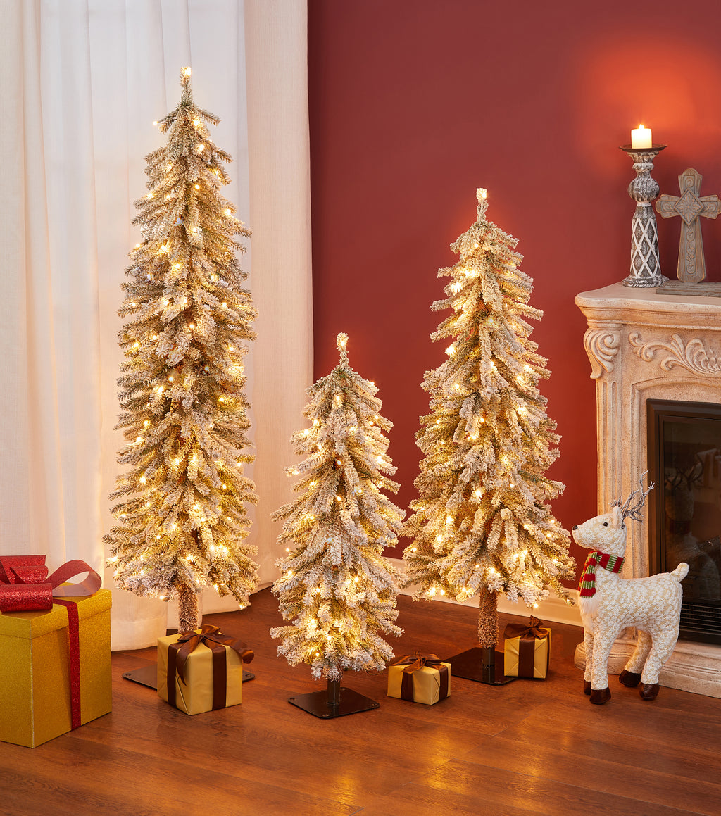 Set of 3 Artificial Snow-Flocked Christmas Trees with PVC Flocking & Black Metal Base – Pre-assembled, Indoor Holiday Decor