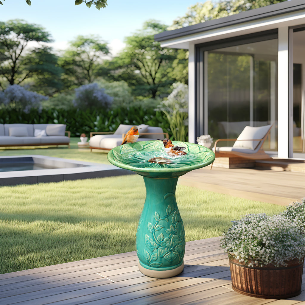 Aqua Glazed Flower Ceramic 22-In Tall Birdbath