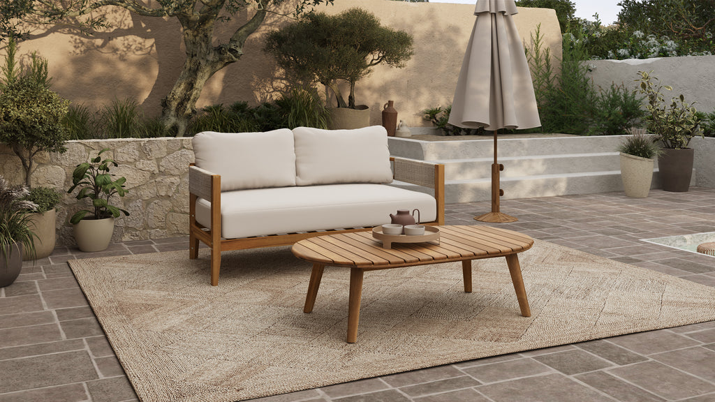 Outdoor Acacia Wood with Rope Sides Club Loveseat with Cushions and Coffee Table