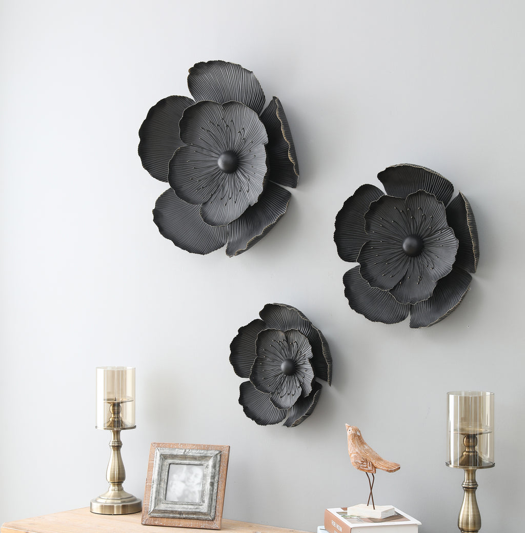 3-Piece Dark Gray with Gold Metal Flowers Wall Decor Set