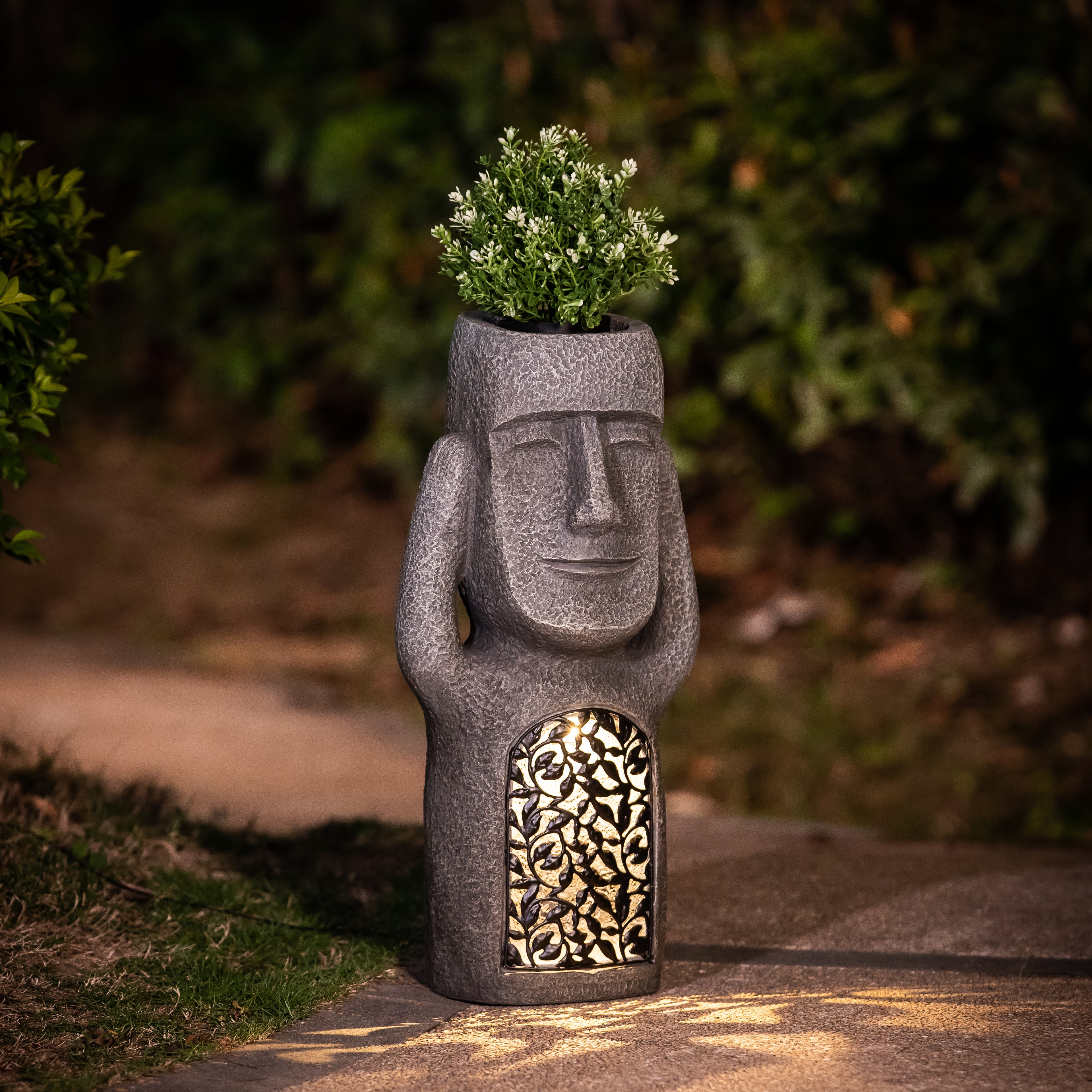 Solar-Powered Easter Island Moai Statue Planter with LED Lights – Outdoor Garden, Patio & Balcony Decor