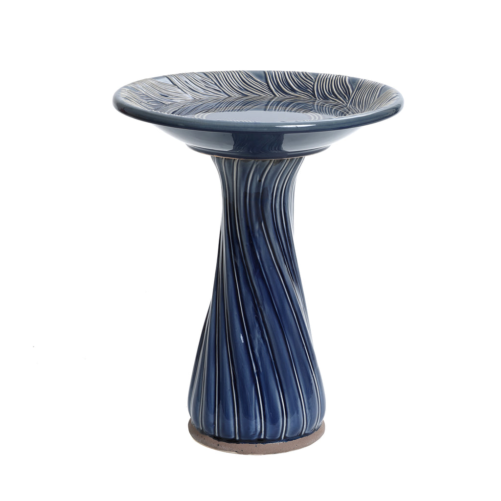 Blue Leaves and Swirl 22-Inch Tall Ceramic Birdbath