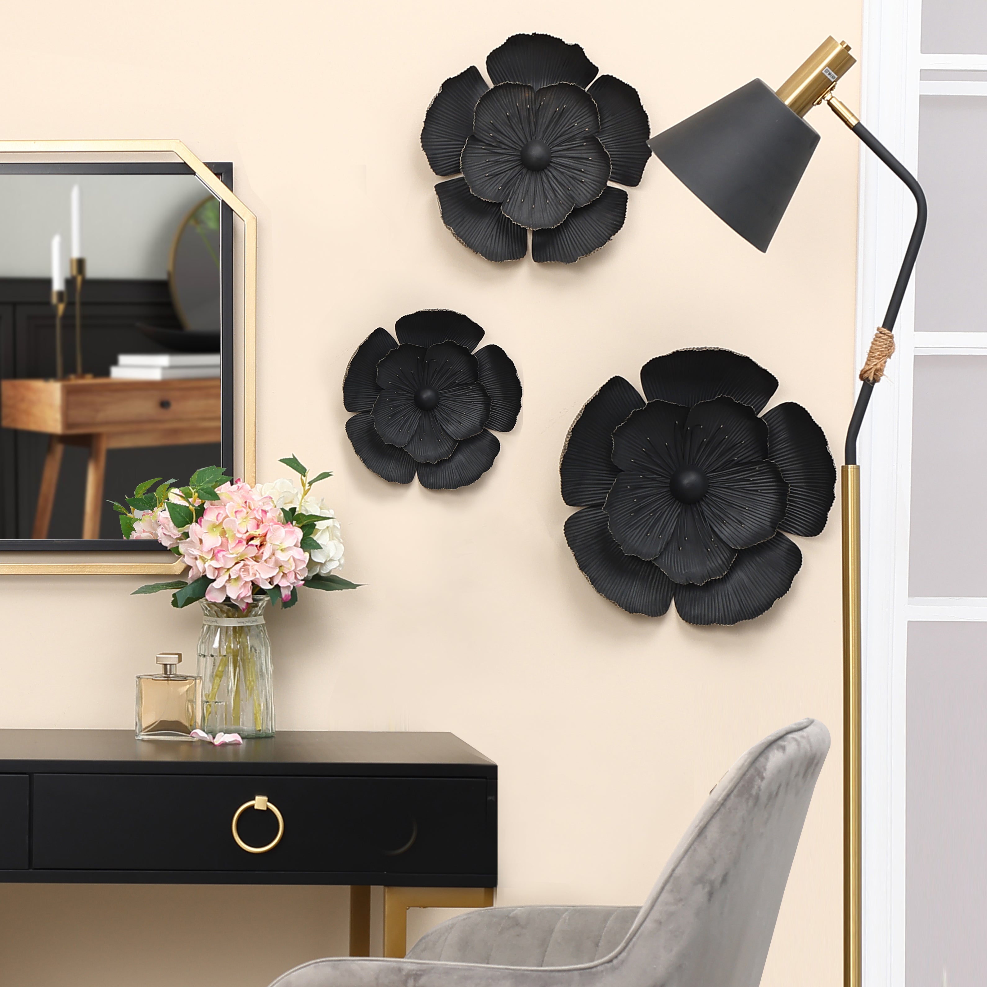 3-Piece Dark Gray with Gold Metal Flowers Wall Decor Set