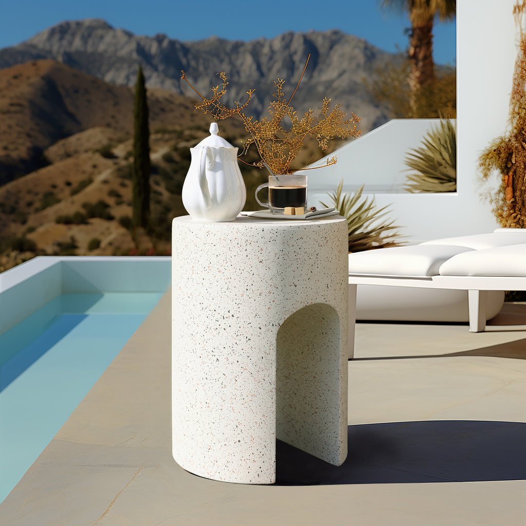 Mod Ivory White Cement Round with U-Shape Outdoor Side Table