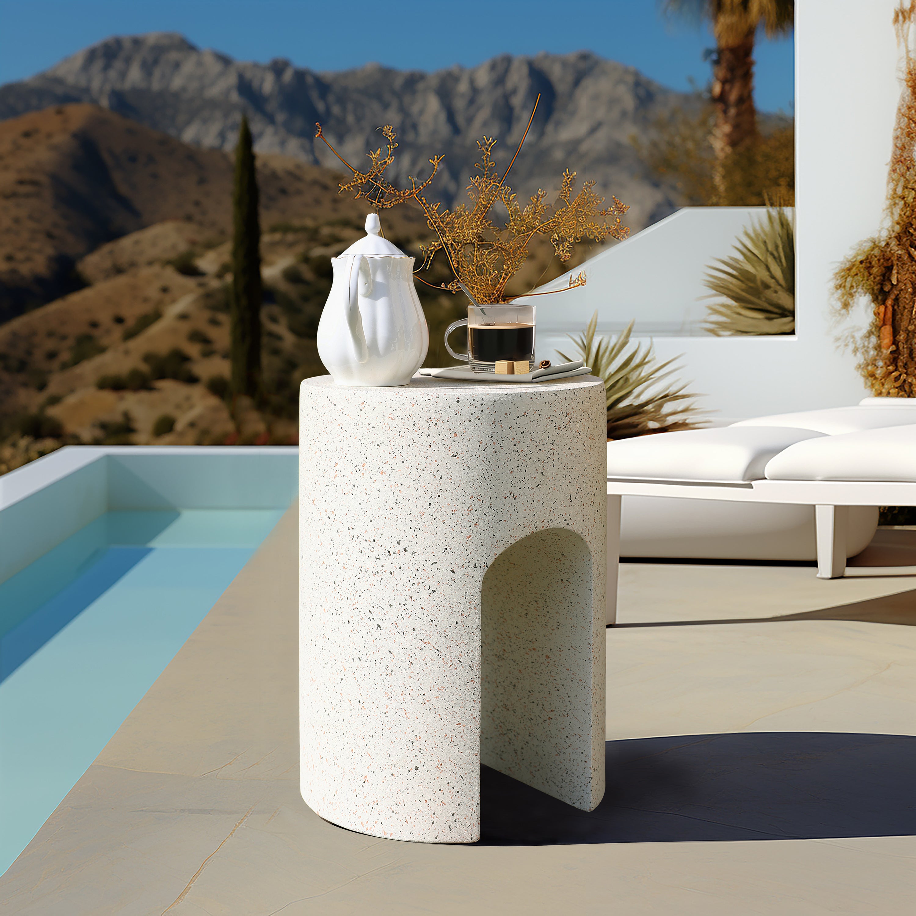 Mod Ivory White Cement Round with U-Shape Outdoor Side Table