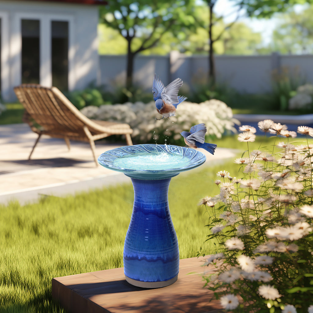 Blue Glazed Spiral Ceramic 20-In Tall Birdbath