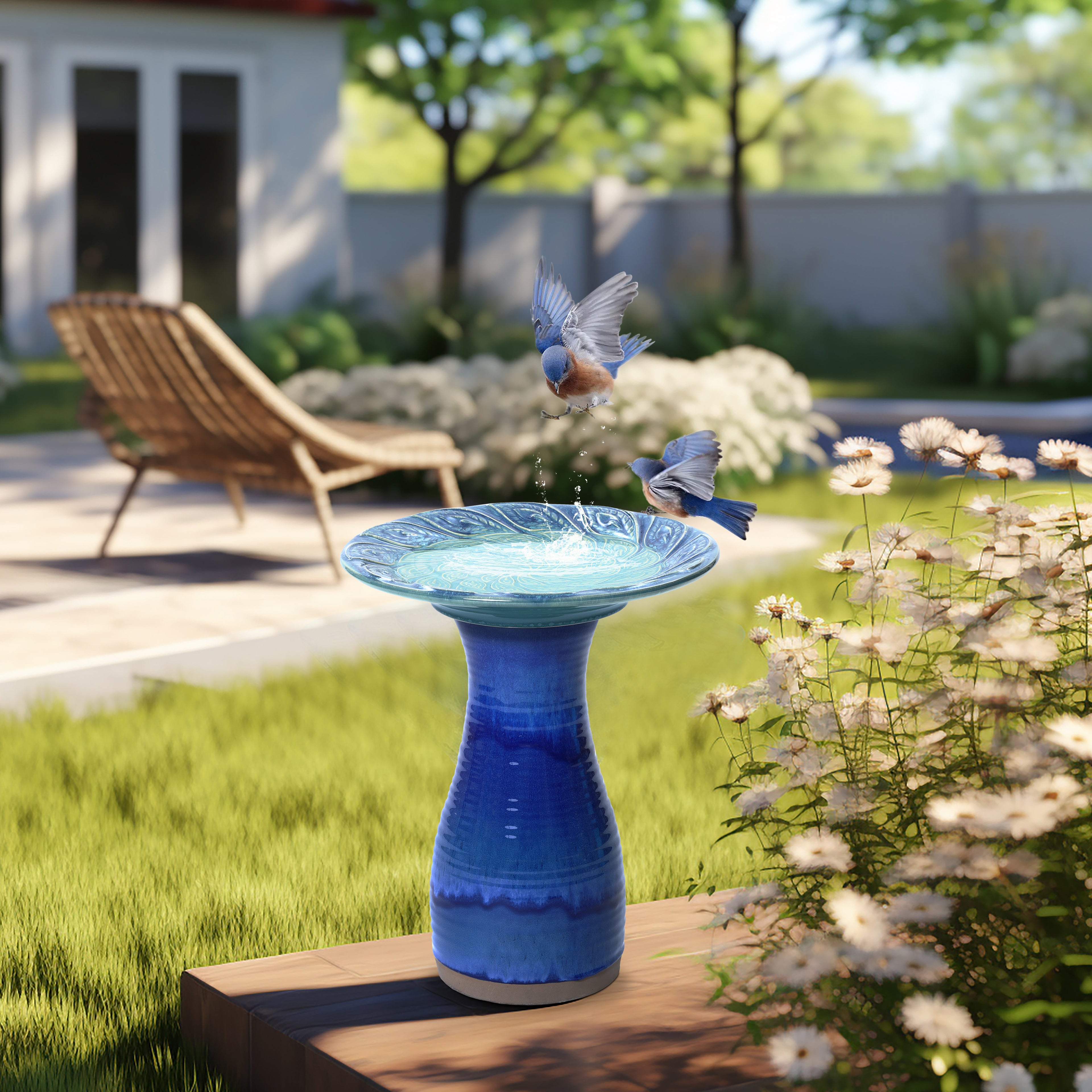 Blue Glazed Spiral Ceramic 20-In Tall Birdbath