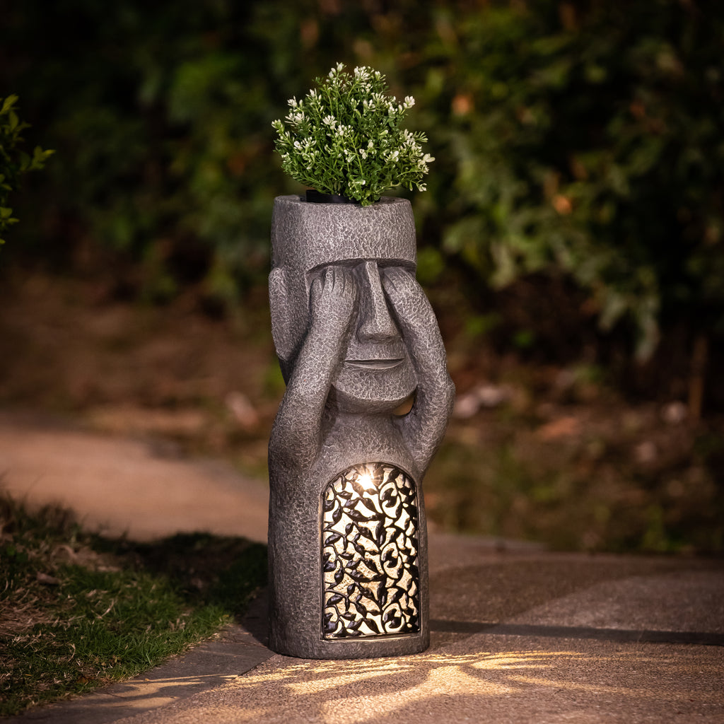 Solar-Powered Easter Island Moai Statue Planter with LED Lights – Outdoor Garden, Patio & Balcony Decor