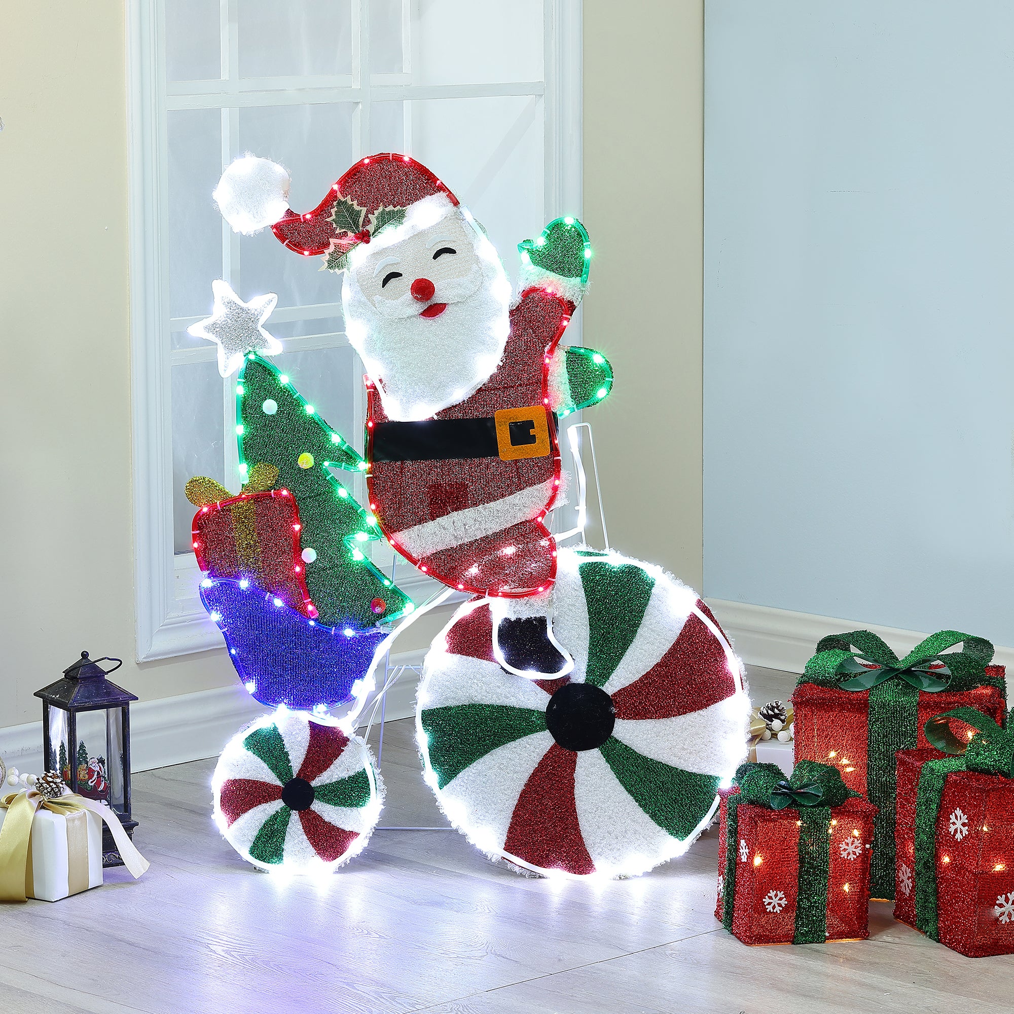 3D Illuminated Santa Claus Decoration Light – LED Lit Holiday Sculpture with Candy Cane, Christmas Tree & Gift Box Elements for Indoor & Outdoor Use